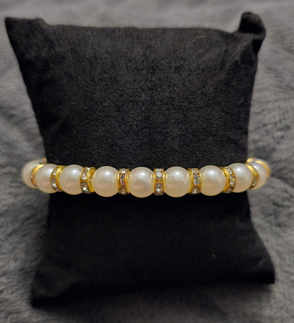 Pearl & Gold Rhinestone Stretch Bracelet | Chunky Cream Pearls & Crystal Rondelles | Handmade Coquette Jewellery
