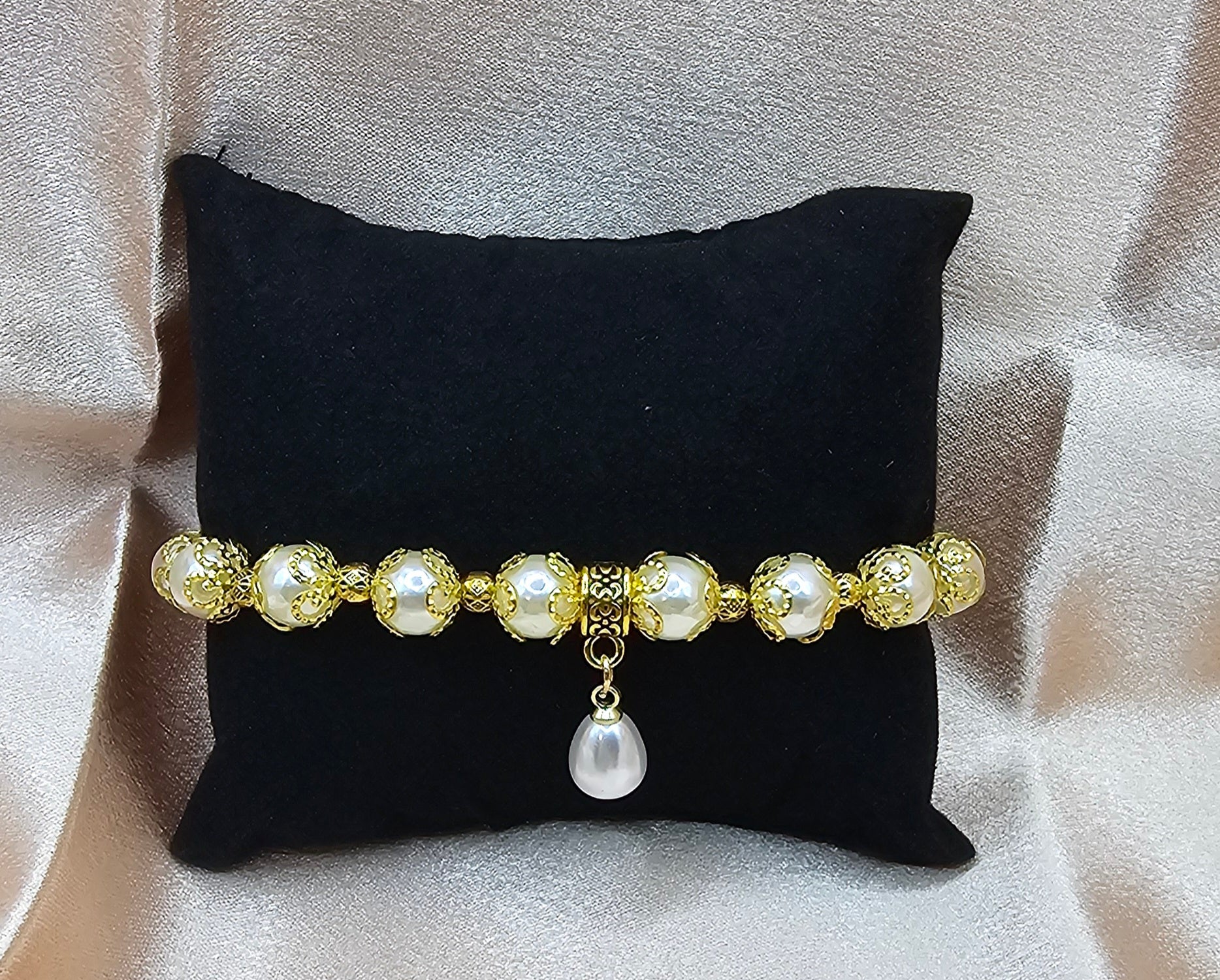 Pearl Beaded Bracelet | Gold Filigree & Drop Pearl Charm | Handmade Elegant Bridal Jewellery Australia