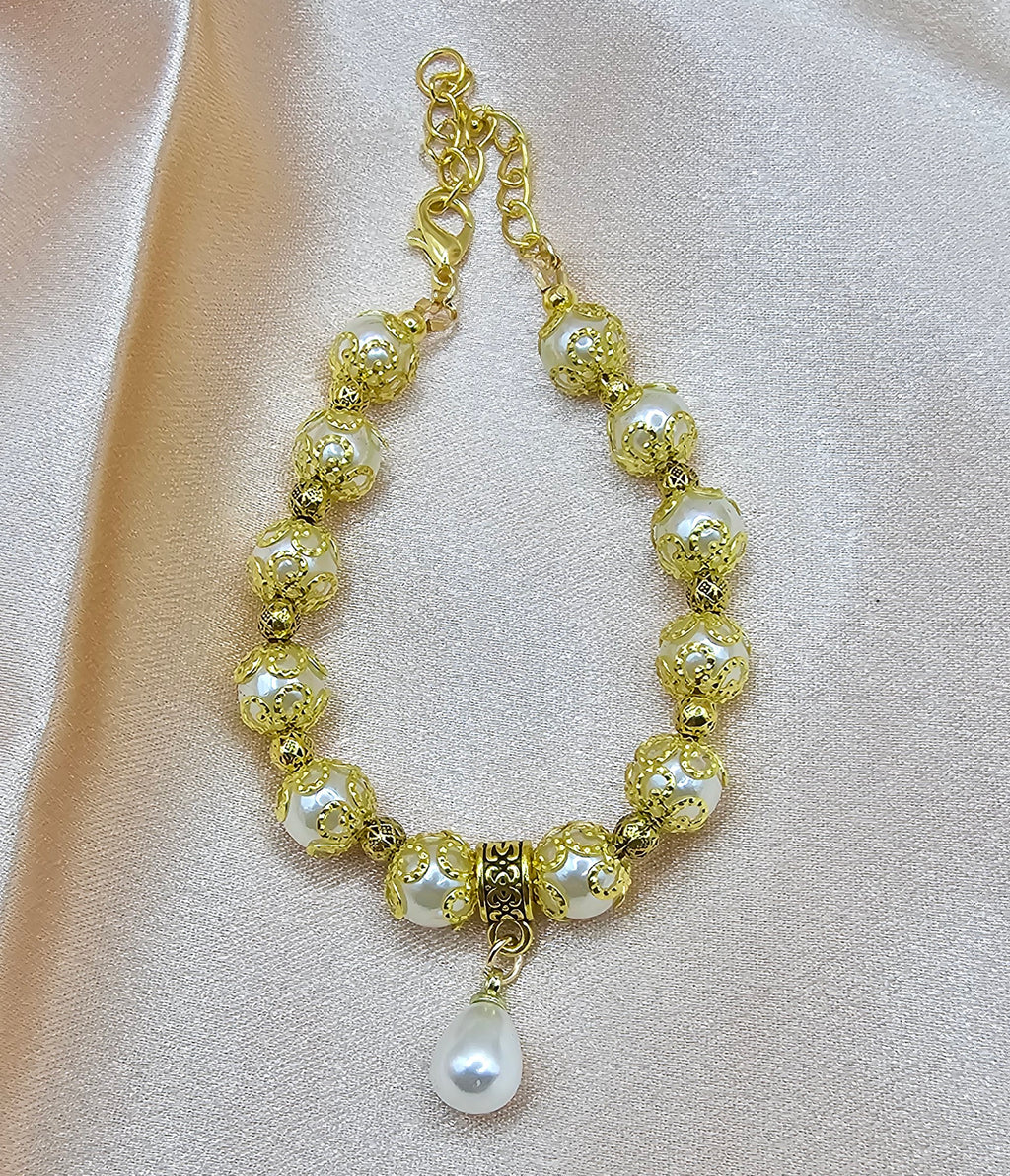 Pearl Beaded Bracelet | Gold Filigree & Drop Pearl Charm | Handmade Elegant Bridal Jewellery Australia