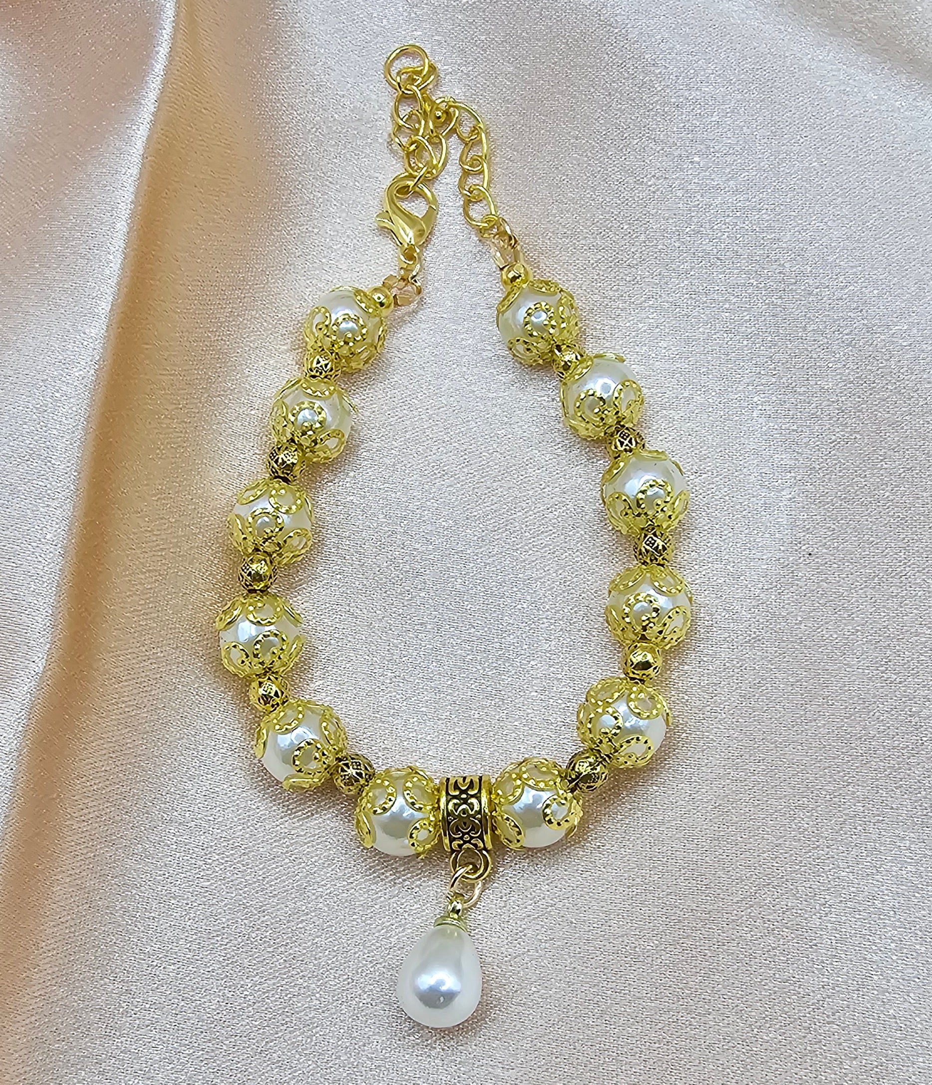 Pearl Beaded Bracelet | Gold Filigree & Drop Pearl Charm | Handmade Elegant Bridal Jewellery Australia