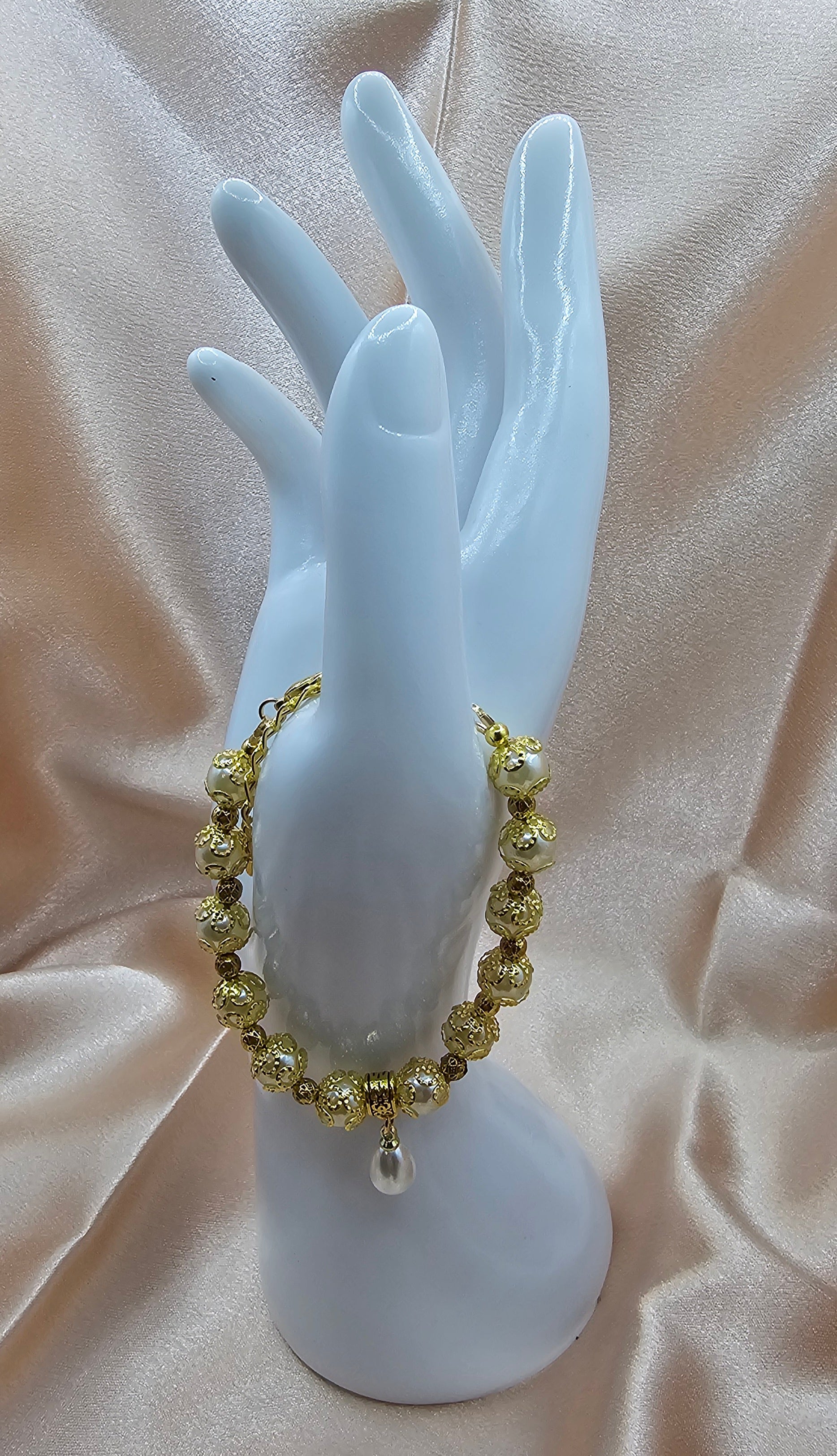 Pearl Beaded Bracelet | Gold Filigree & Drop Pearl Charm | Handmade Elegant Bridal Jewellery Australia