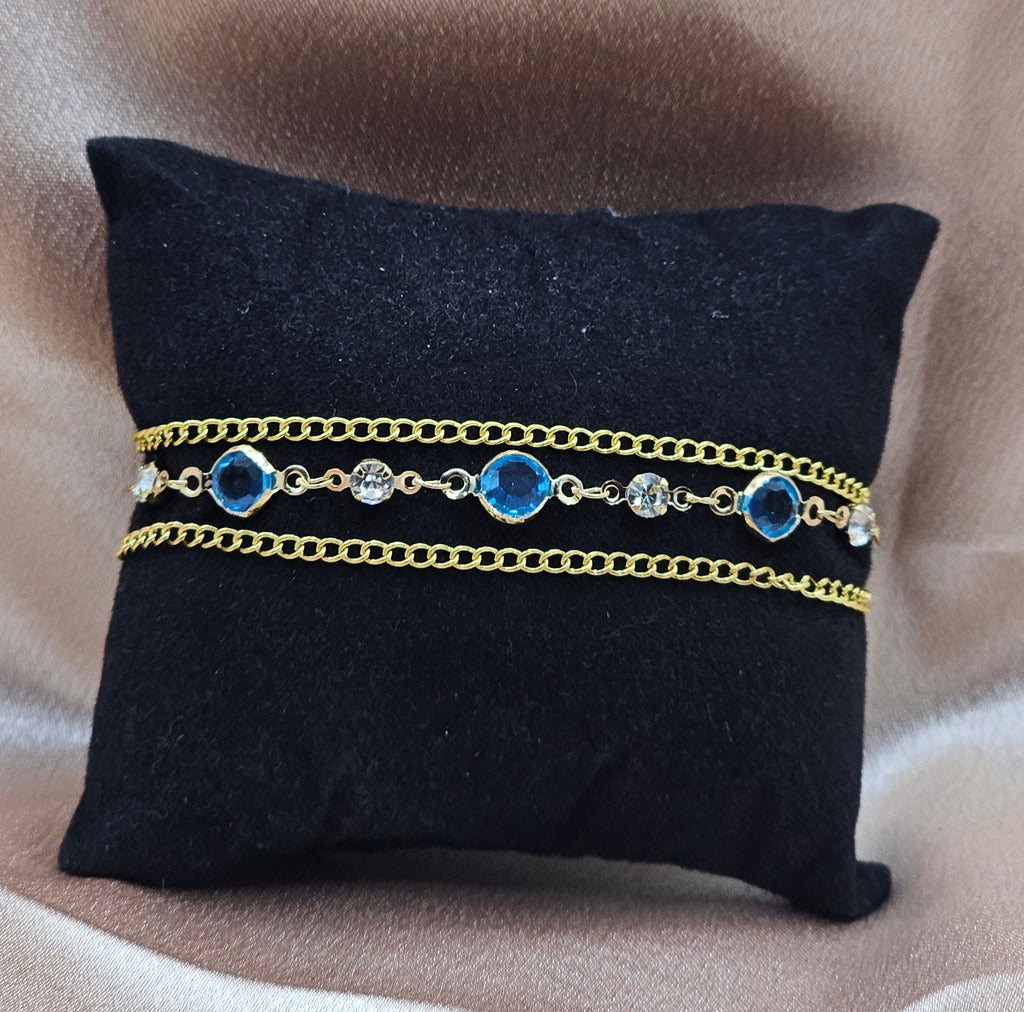 Gold Blue Crystal Chain Bracelet | Layered Gold Chains & Blue Gemstone Accents | Handmade Dainty Jewellery Australia