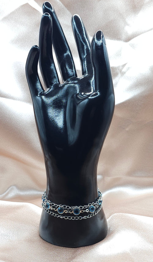 Blue Crystal Triple Chain Bracelet | Silver-Tone Layered Design | Handmade Elegant Jewellery Australia