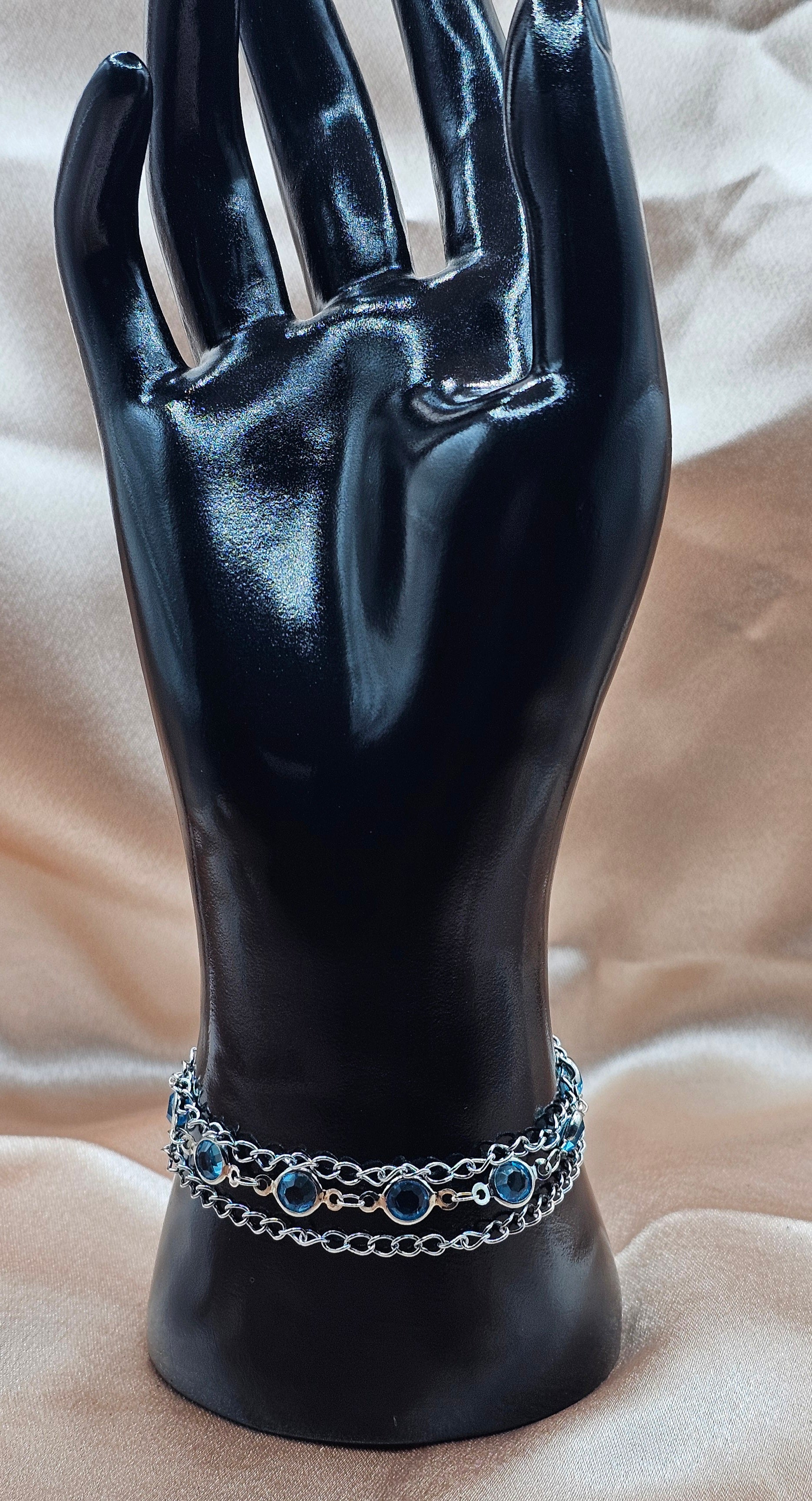 Blue Crystal Triple Chain Bracelet | Silver-Tone Layered Design | Handmade Elegant Jewellery Australia