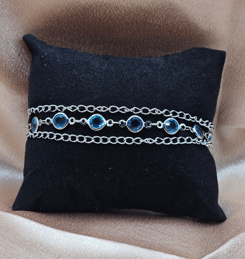 Blue Crystal Triple Chain Bracelet | Silver-Tone Layered Design | Handmade Elegant Jewellery Australia