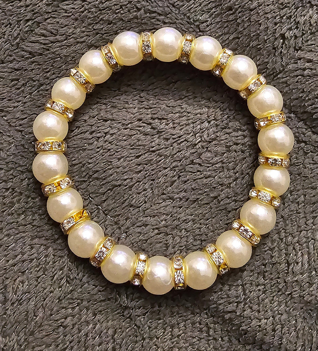Pearl & Gold Rhinestone Stretch Bracelet | Chunky Cream Pearls & Crystal Rondelles | Handmade Coquette Jewellery