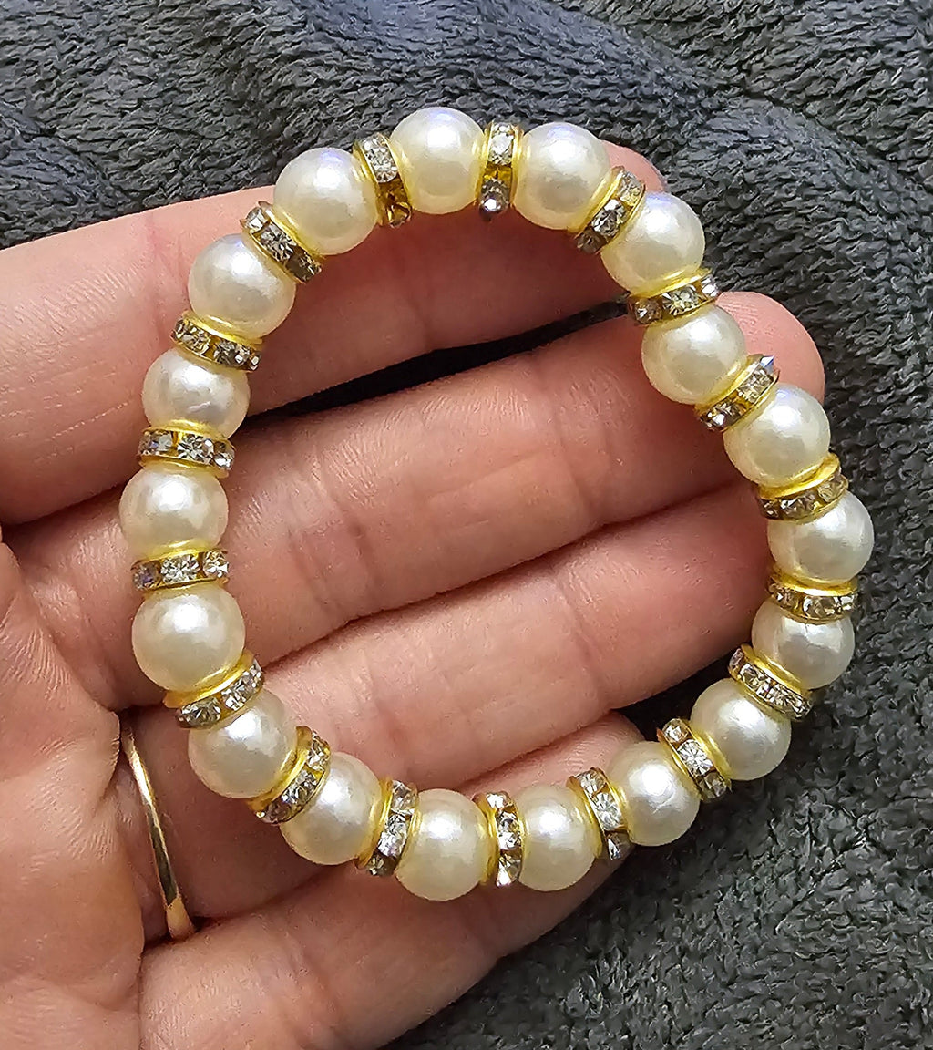 Pearl & Gold Rhinestone Stretch Bracelet | Chunky Cream Pearls & Crystal Rondelles | Handmade Coquette Jewellery