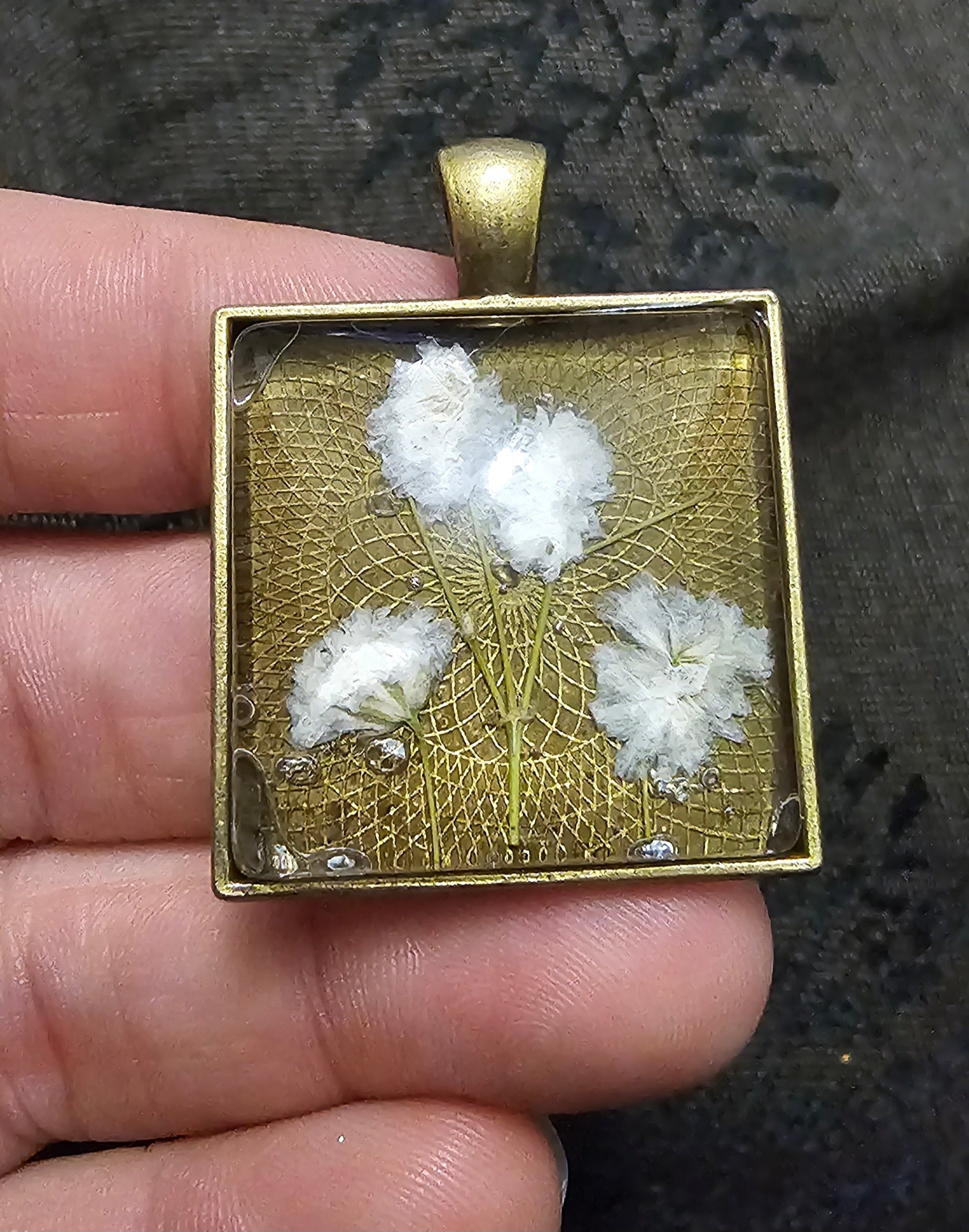 Bronze Square Resin Pendant | Real Baby's Breath & Bronze Lace | Handmade Cottagecore Jewellery