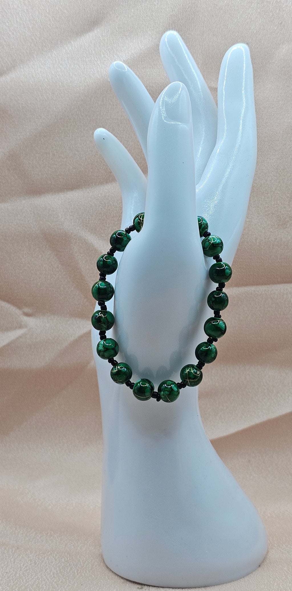 Handmade green marbled beaded forest witch stretch bracelet, nature jewellery Australia