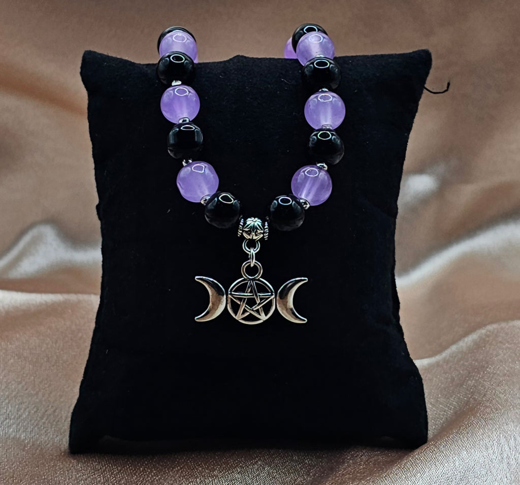 Purple & Black Beaded Bracelet | Triple Moon Pentagram Charm | Handmade Witchy Lunar Jewellery Australia
