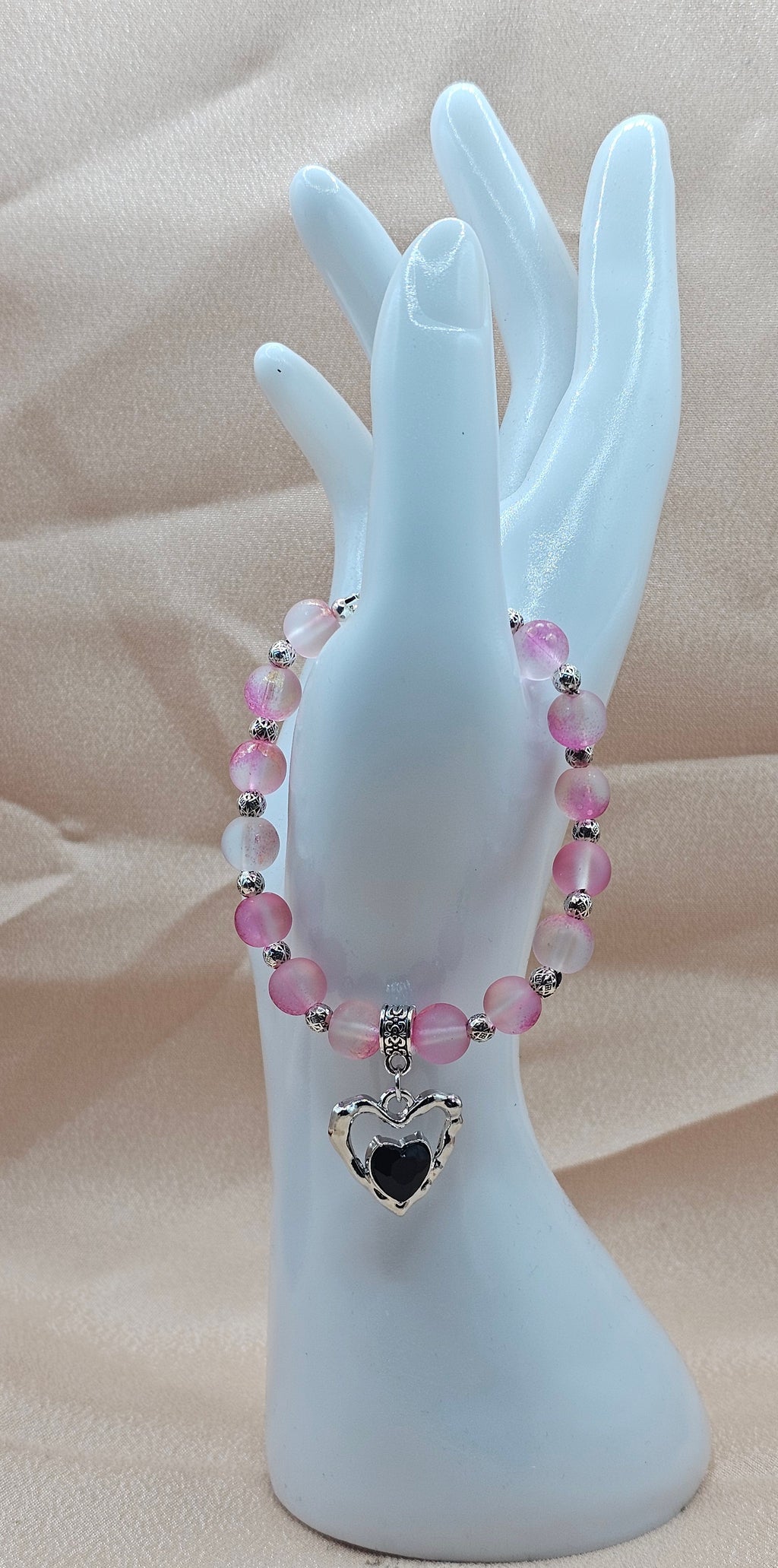 Frosted Pink Beaded Bracelet | Black & Silver Heart Charm | Handmade Soft Goth Jewellery Australia