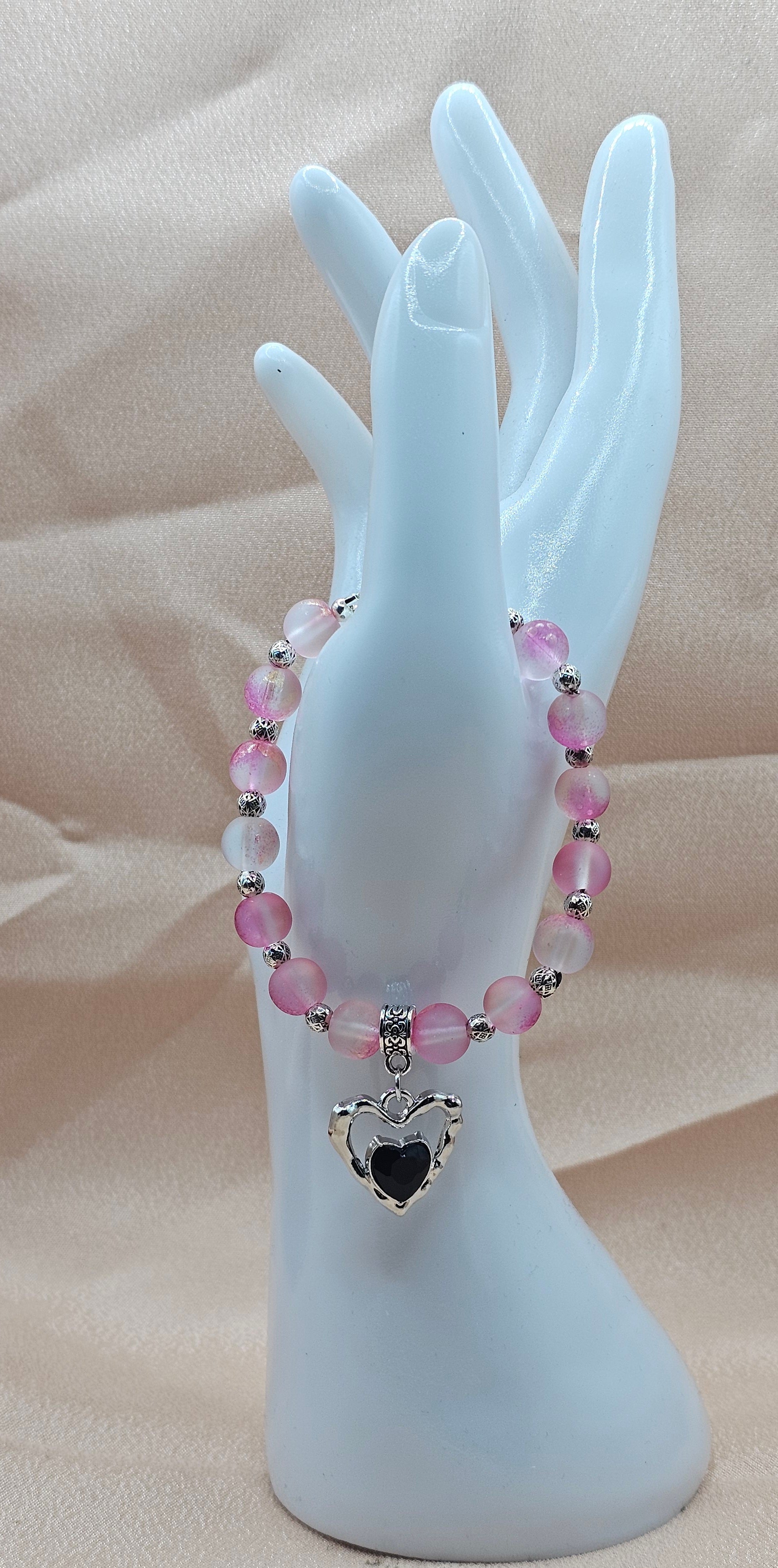 Frosted Pink Beaded Bracelet | Black & Silver Heart Charm | Handmade Soft Goth Jewellery Australia