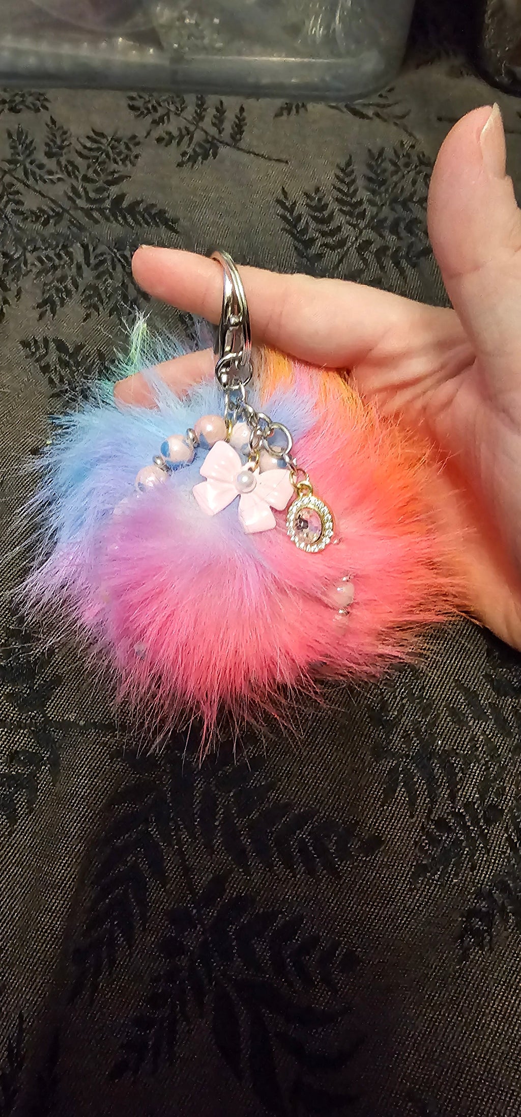 Pastel Rainbow Pom Pom Keychain | Pearl Beads, Bow & Moon Charm | Handmade Coquette Accessory