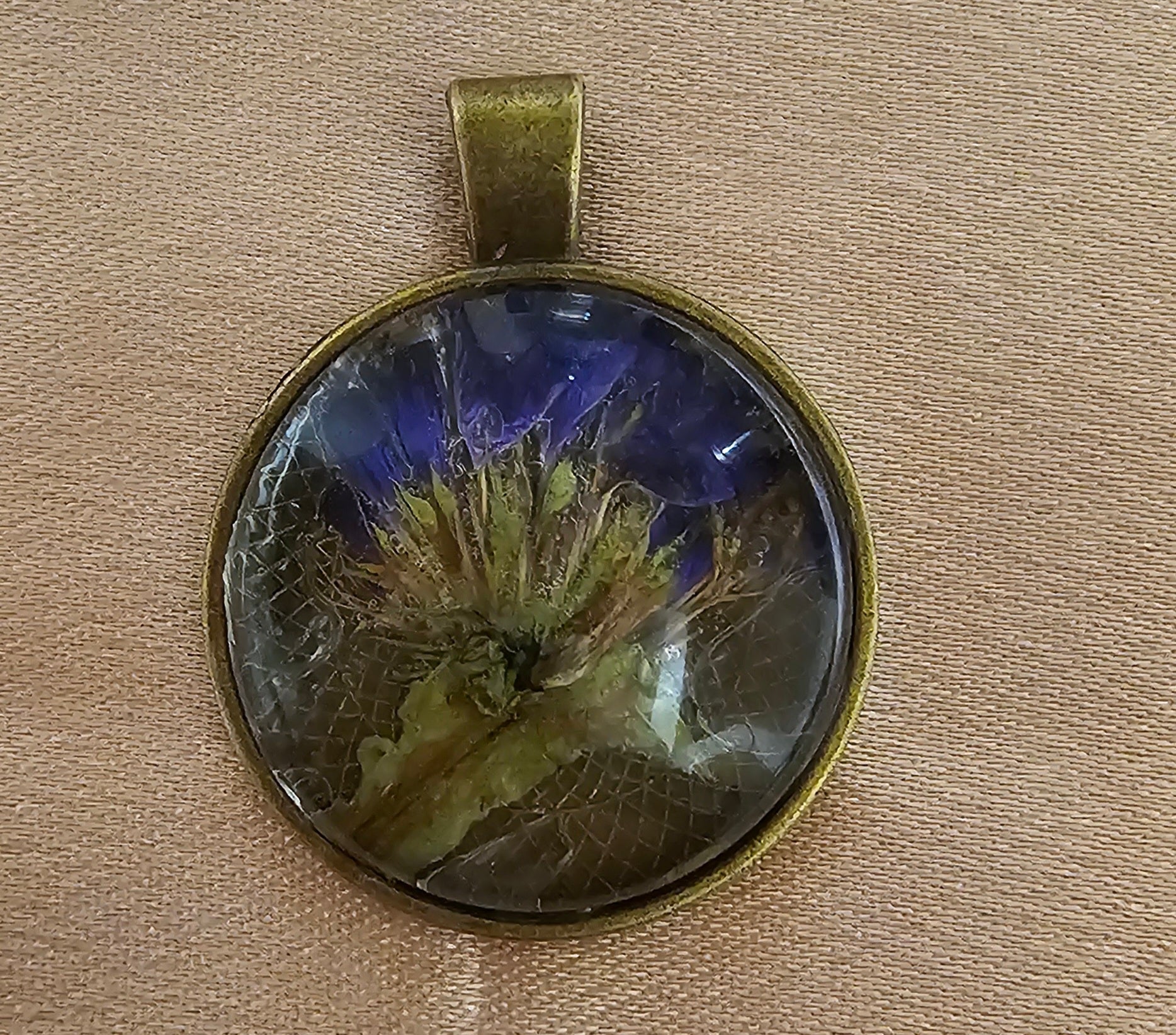 Real Purple Flower Round Resin Pendant | Pressed Botanical on Lace | Antique Bronze Mandala Back | Handmade Cottagecore Jewellery