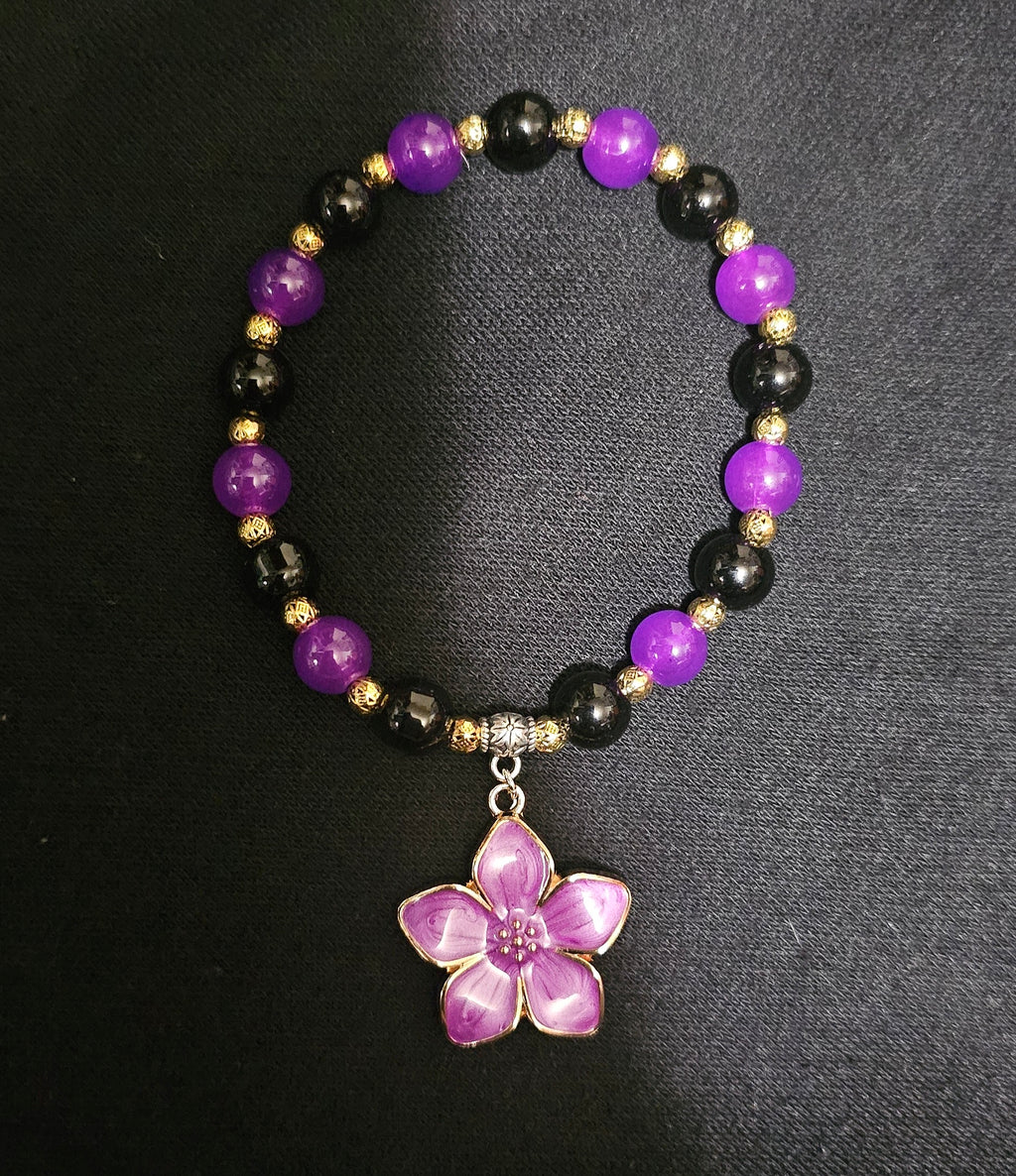 Purple Flower Charm Bracelet | Deep Purple & Black Beads with Gold Accents | Handmade Witchy Jewellery Australia