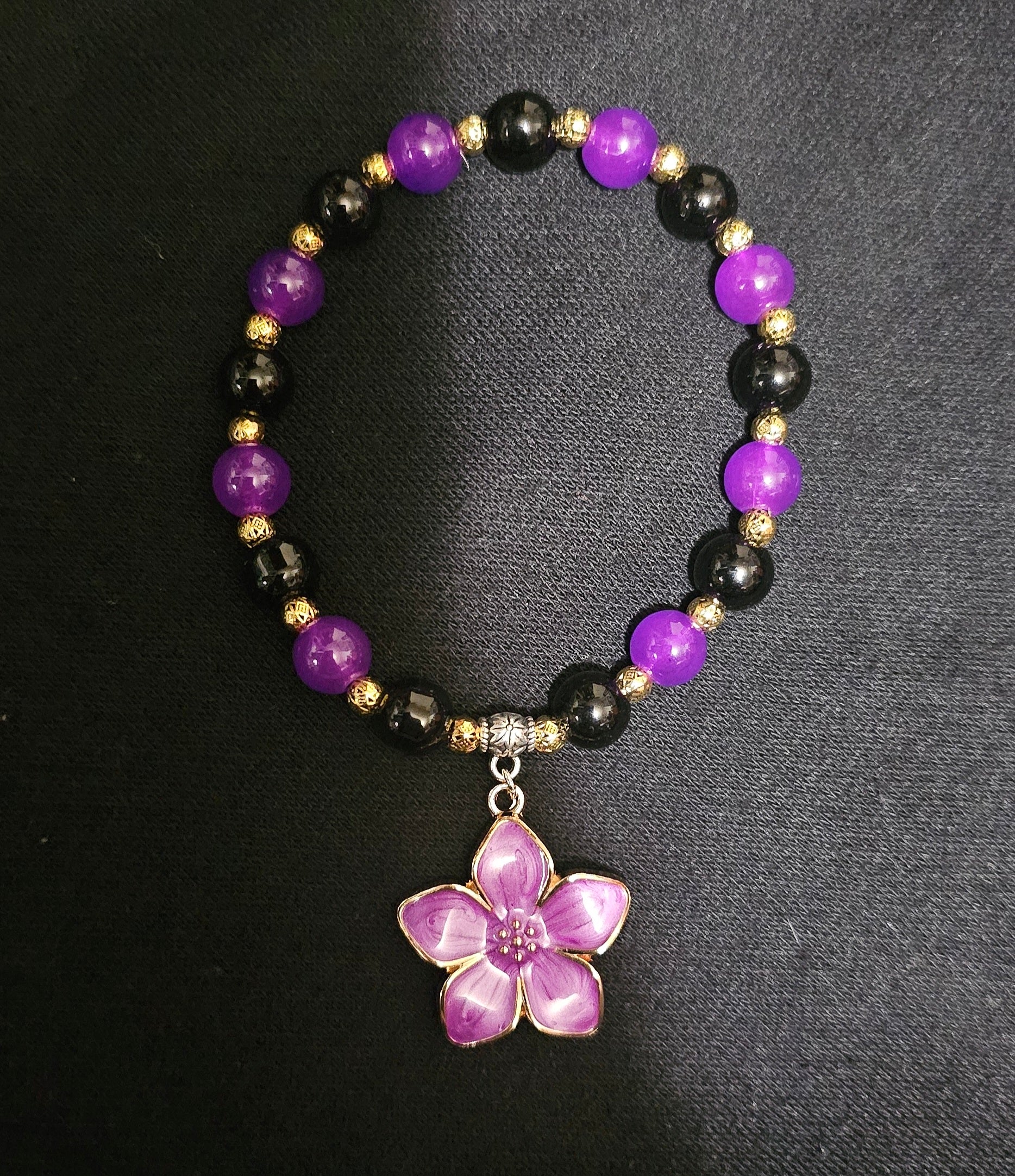 Purple Flower Charm Bracelet | Deep Purple & Black Beads with Gold Accents | Handmade Witchy Jewellery Australia