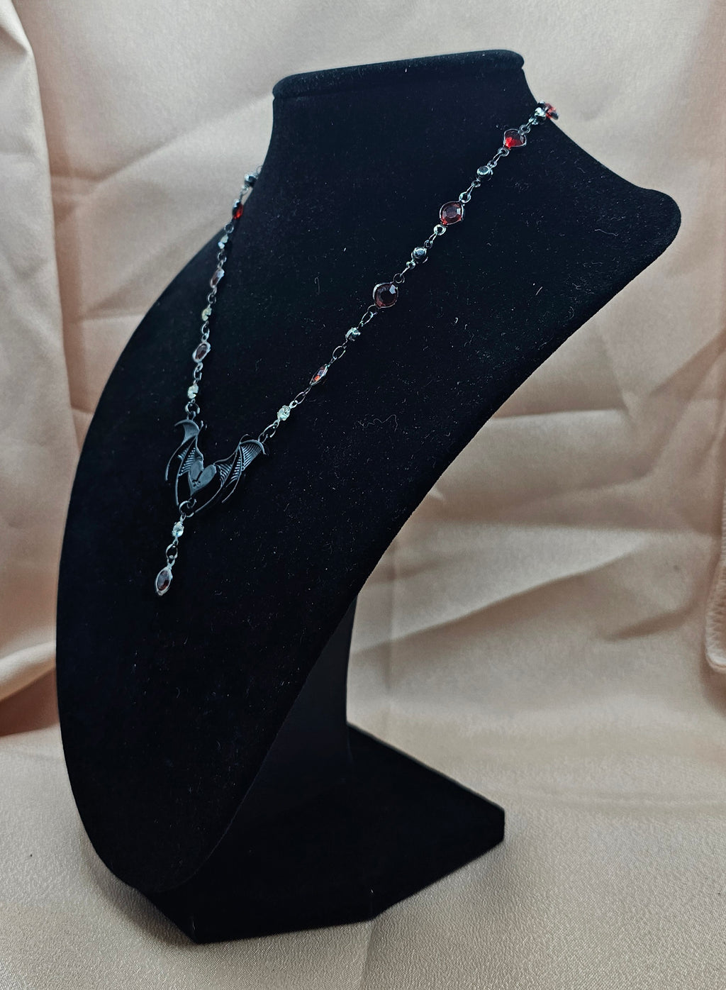 Bat Heart Gothic Necklace | Black Bat Wing Pendant & Red Garnet Drop | Handmade
