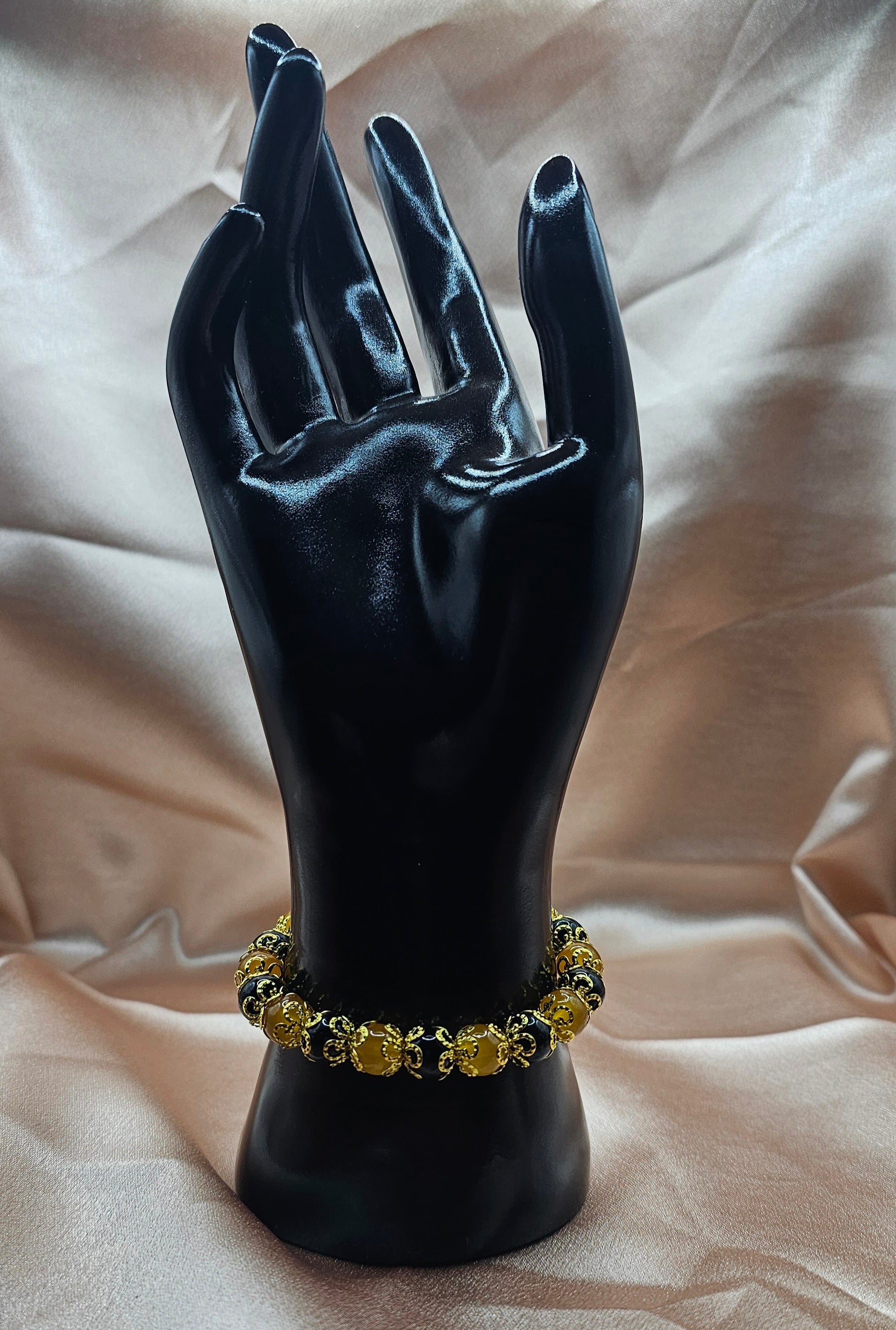 Luxury Black & Amber Gold Beaded Stretch Bracelet | Filigree Spacers | Handmade Gothic Elegant