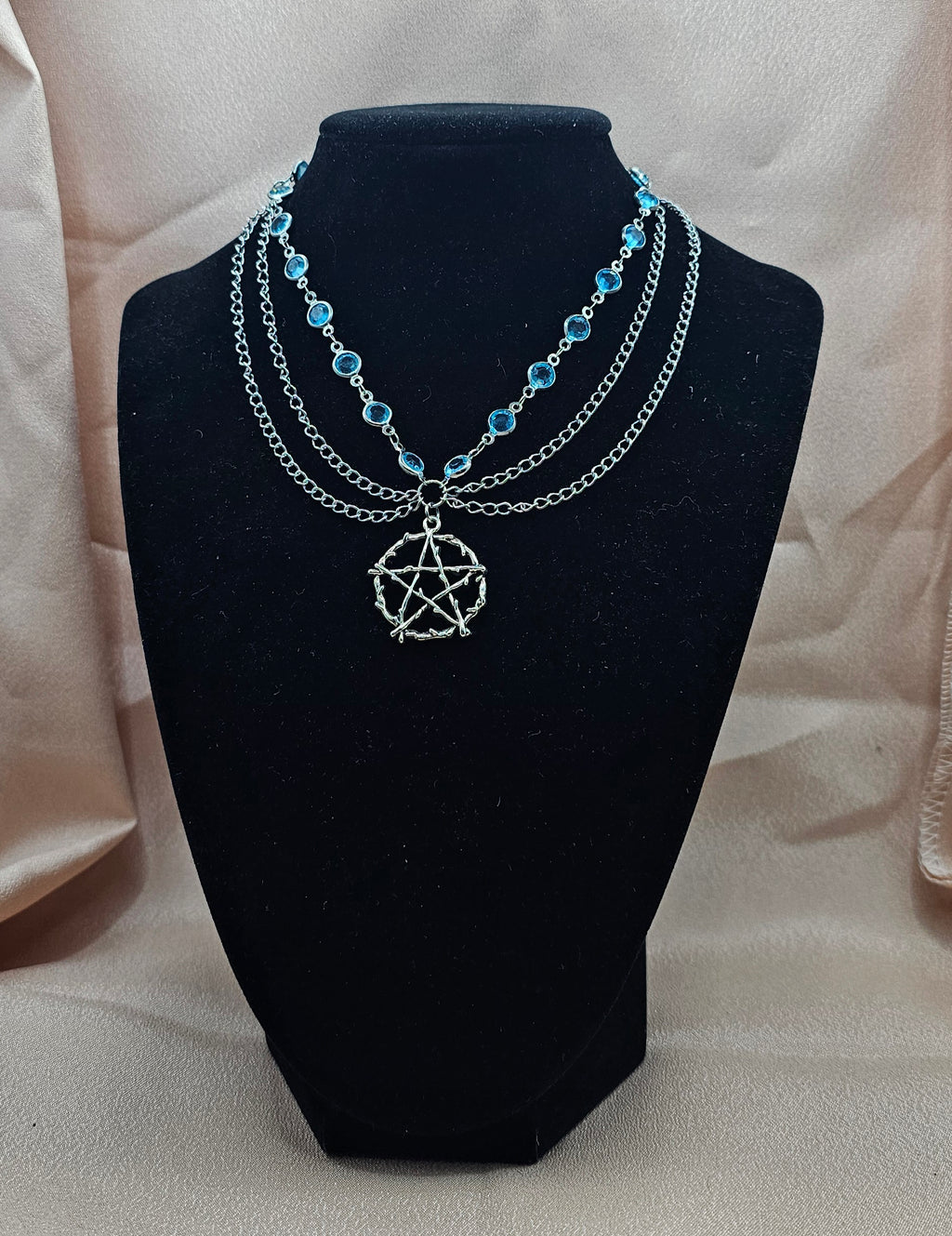 Blue Pentagram Necklace | Layered Silver Chains & Blue Crystals | Handmade Witchy Jewellery