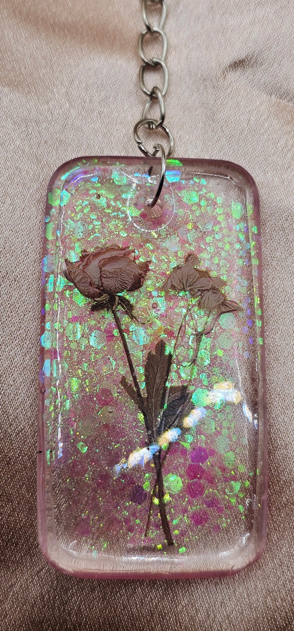Pink Rose Garden Resin Keychain | Iridescent Glitter & Botanical Flowers | Handmade Coquette Jewellery Australia