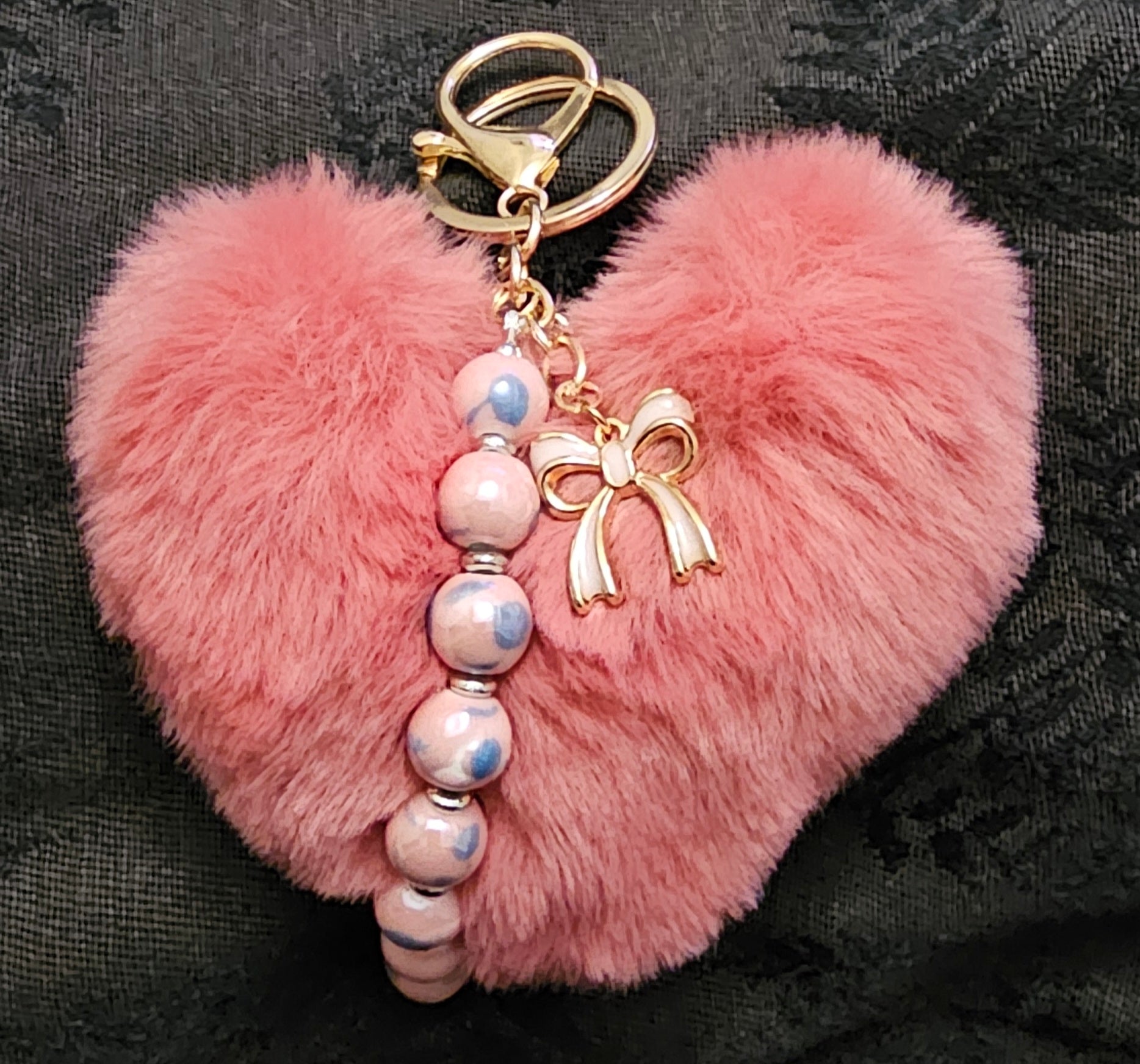 Pink Heart Pom Pom Keychain | Marbled Beads & Pink Bow Charm | Handmade Coquette Accessory