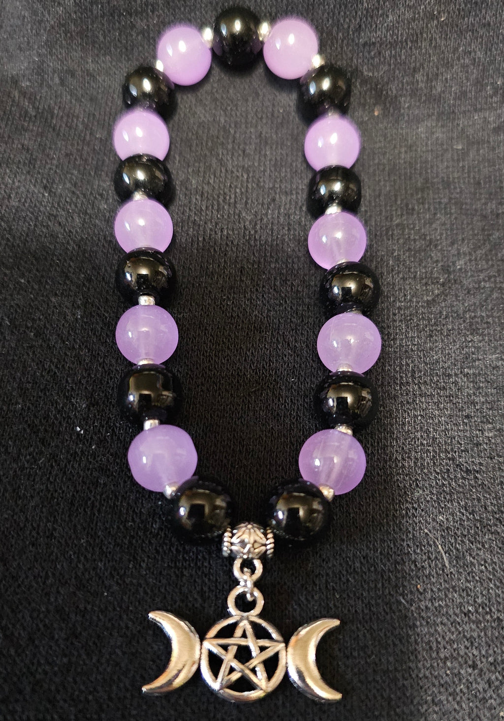 Purple & Black Beaded Bracelet | Triple Moon Pentagram Charm | Handmade Witchy Lunar Jewellery Australia