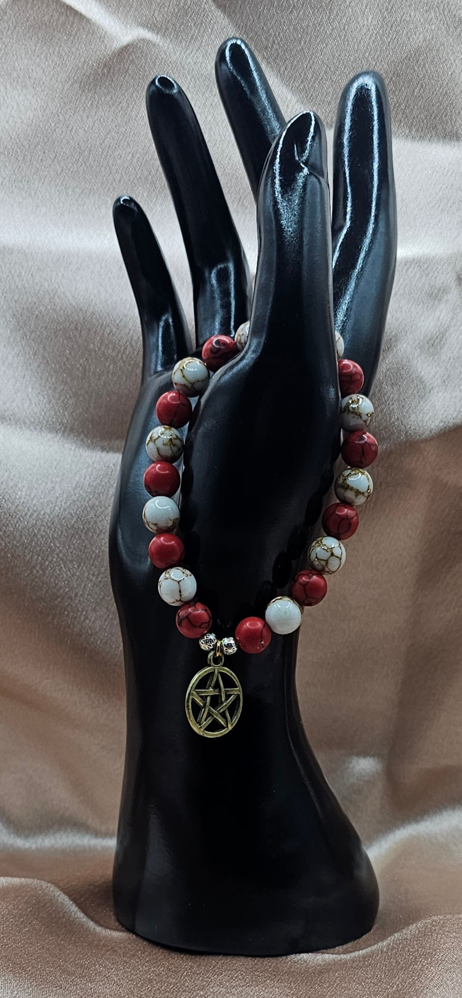 Red & White Crackle Bead Bracelet | Bronze Pentagram Charm | Handmade Witchy Jewellery Australia