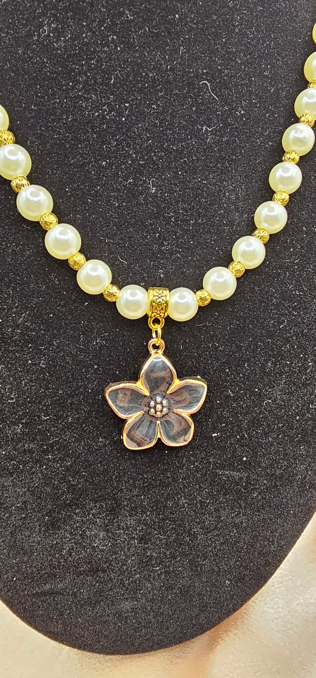 Handmade pearl and black flower pendant necklace, elegant gothic jewellery Australia