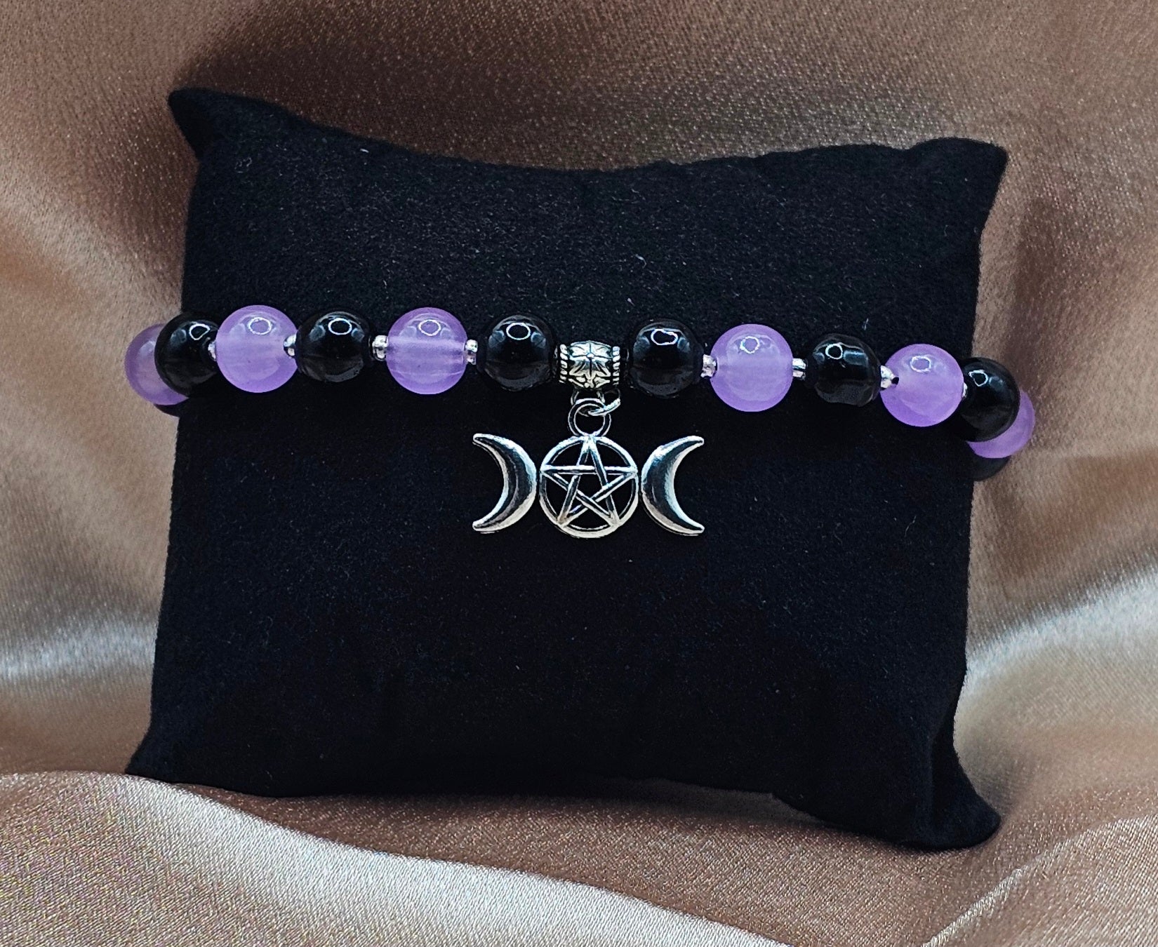 Purple & Black Beaded Bracelet | Triple Moon Pentagram Charm | Handmade Witchy Lunar Jewellery Australia