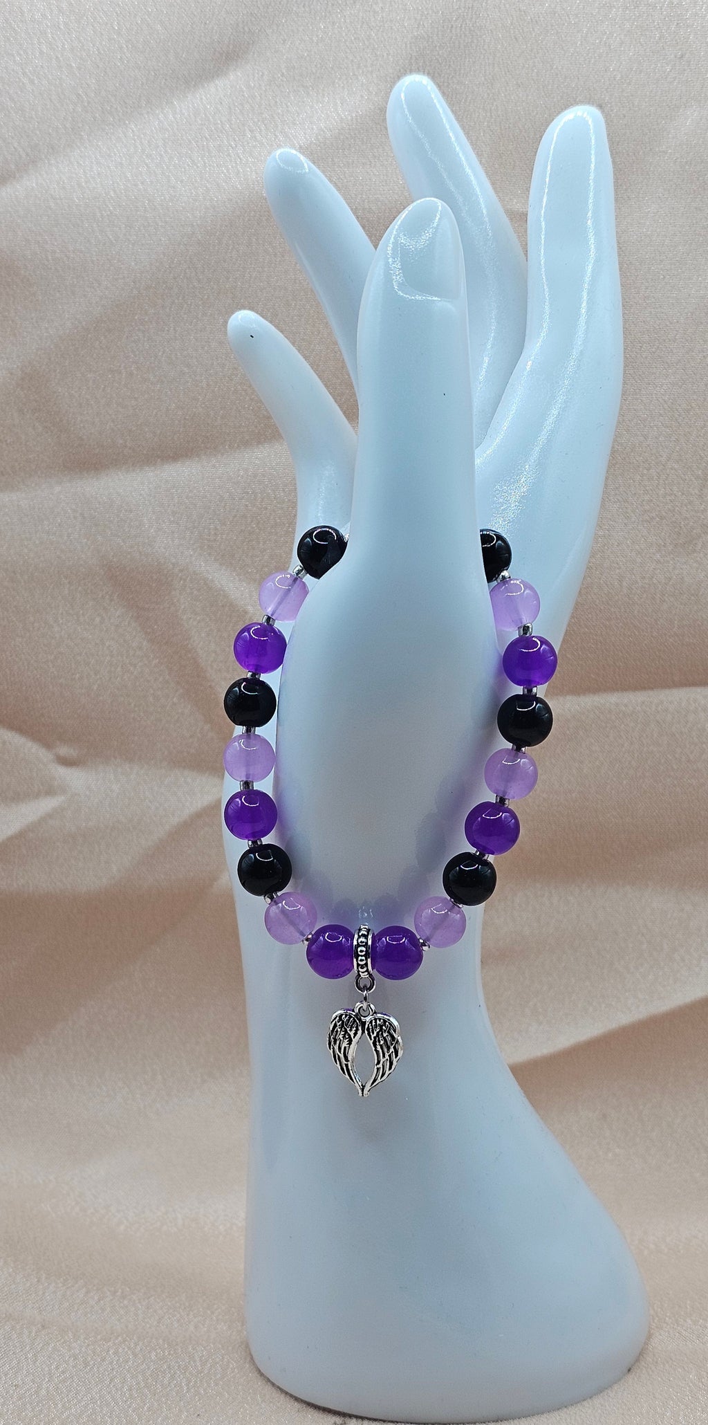 Purple & Black Beaded Bracelet | Silver Angel Wing Charm | Handmade Dark Coquette Angelcore Jewellery Australia