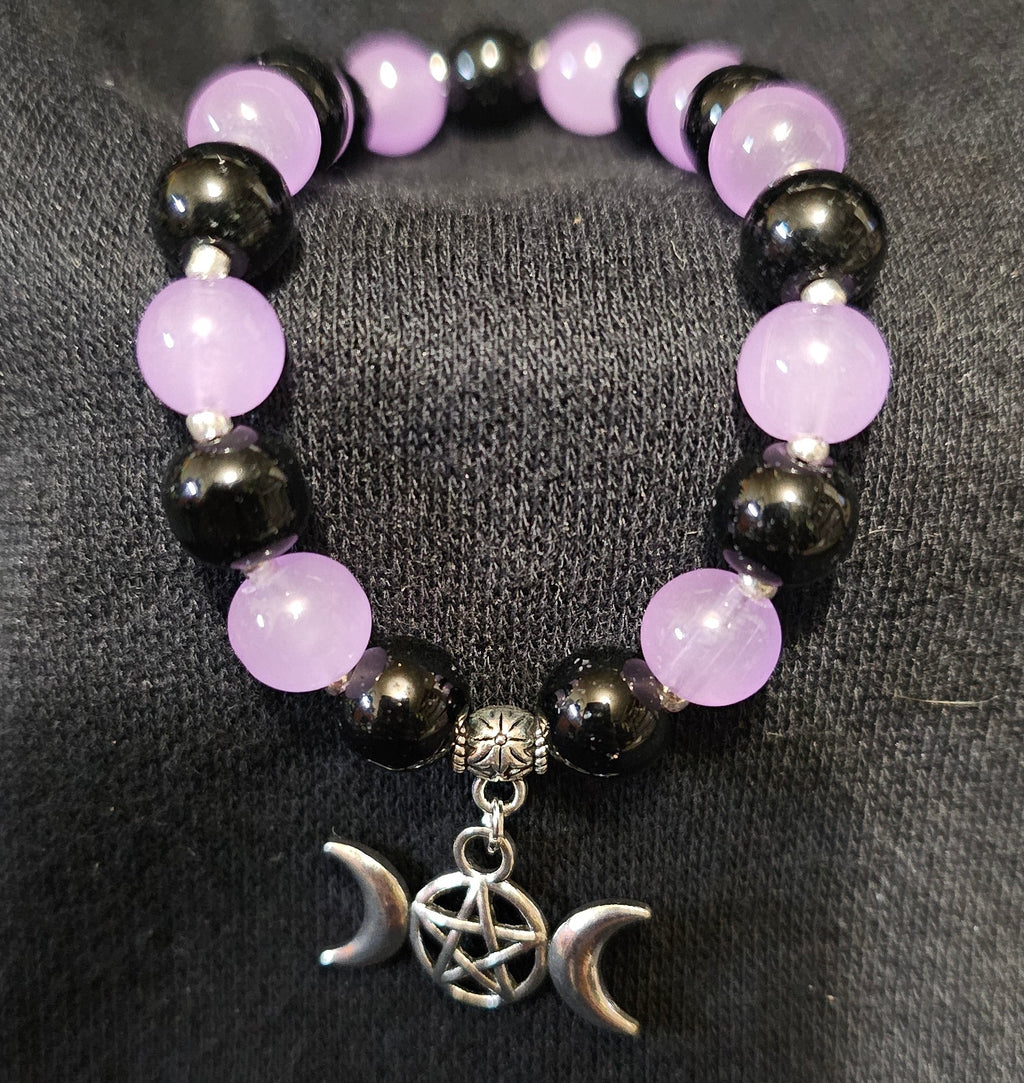 Purple & Black Beaded Bracelet | Triple Moon Pentagram Charm | Handmade Witchy Lunar Jewellery Australia