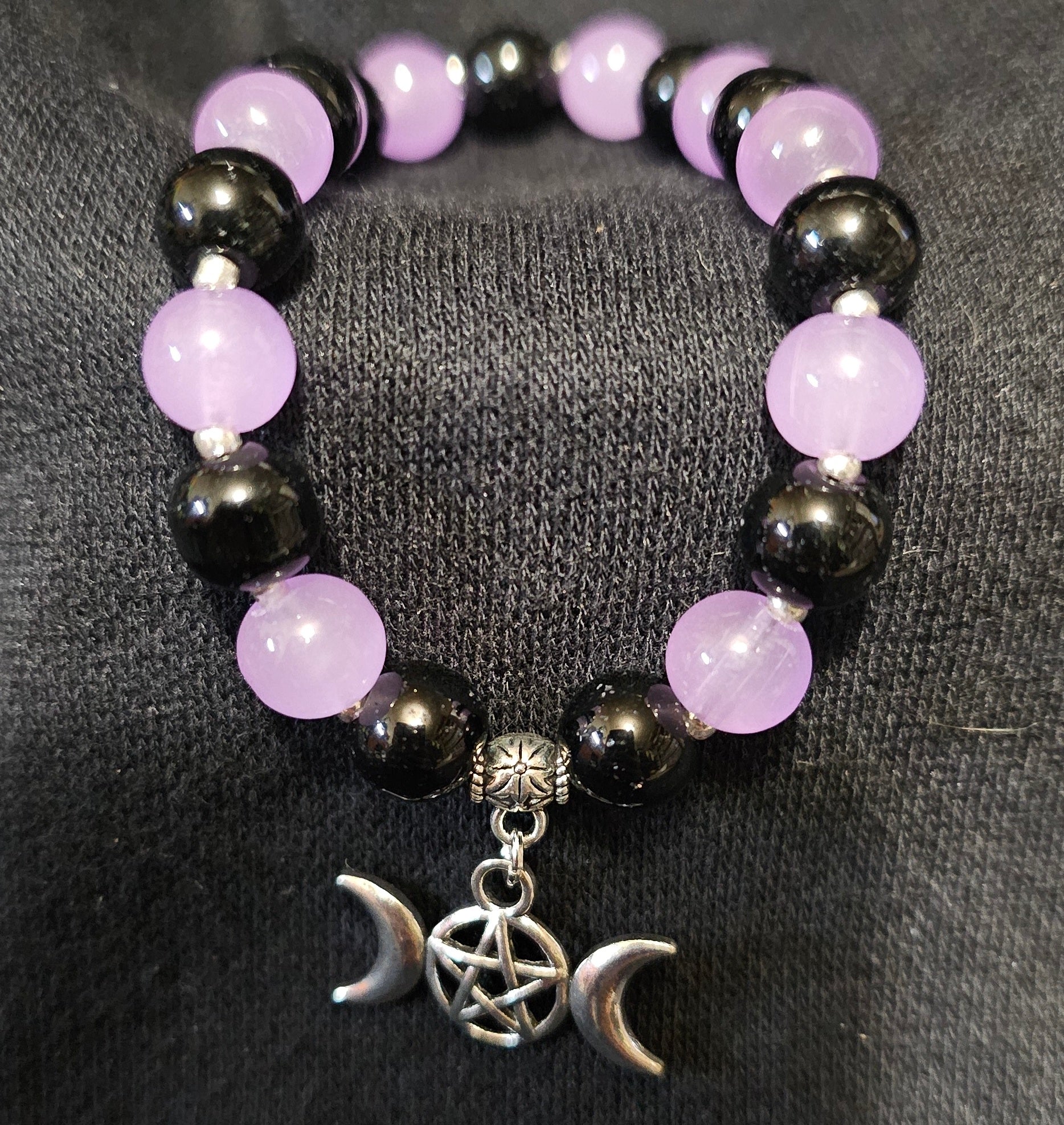Purple & Black Beaded Bracelet | Triple Moon Pentagram Charm | Handmade Witchy Lunar Jewellery Australia
