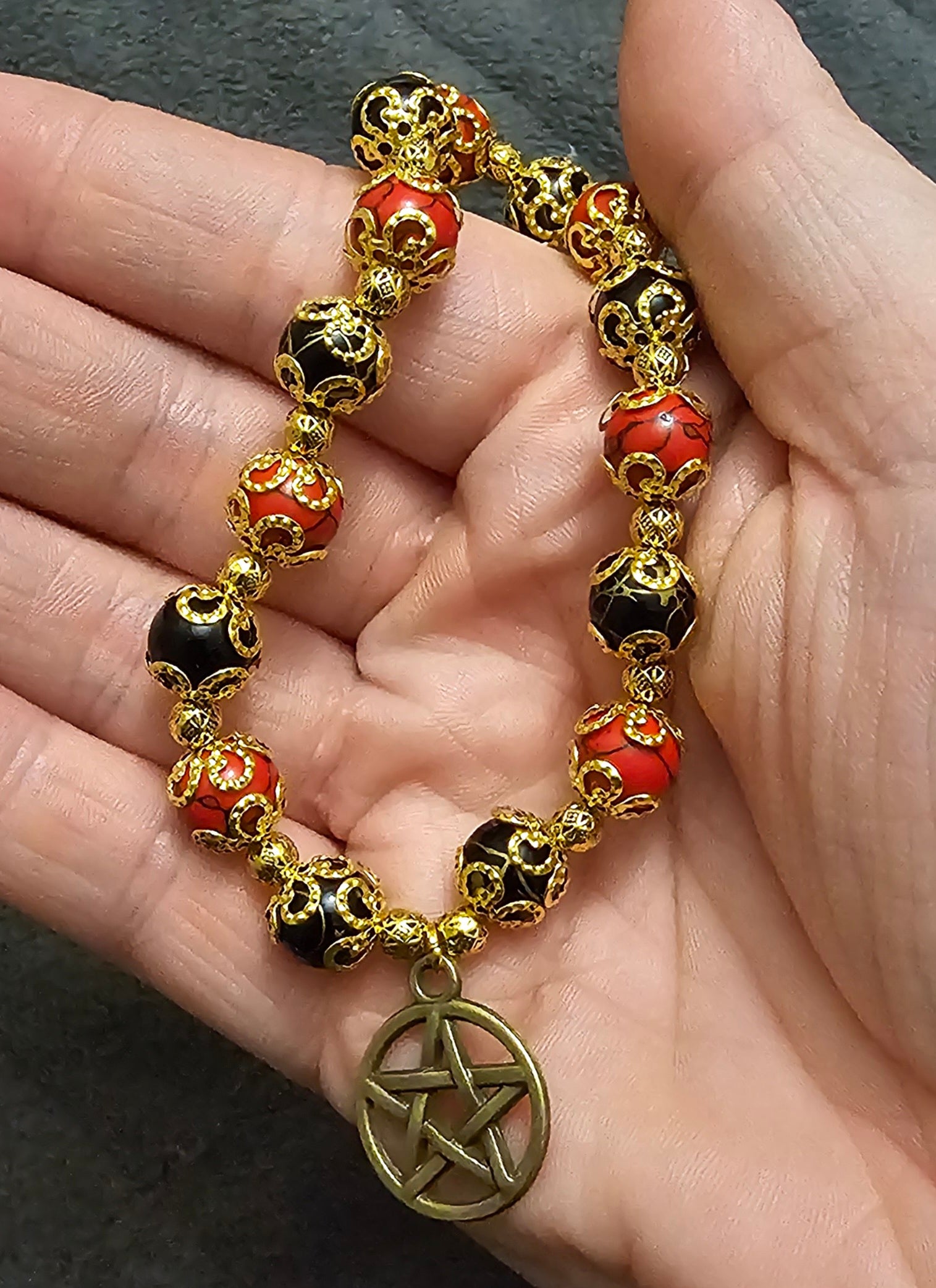 Red & Black Beaded Bracelet | Bronze Pentagram Charm | Handmade Witchy Gothic Jewellery Australia