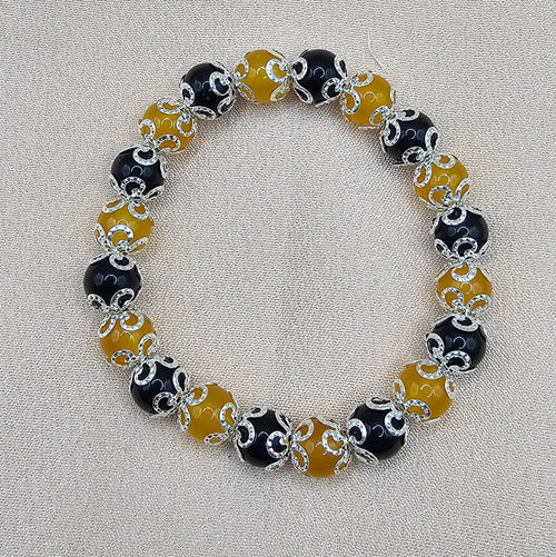 Black & Amber Silver Filigree Bracelet | Gothic Beaded Stretch Bracelet | Handmade Dark Jewellery Australia