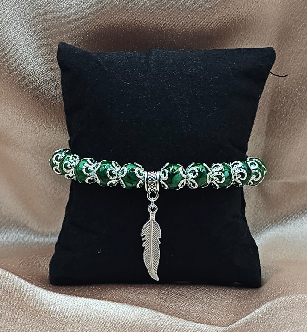 Green Marbled Beaded Bracelet | Silver Feather Charm & Filigree | Handmade Green Witch Jewellery Australia