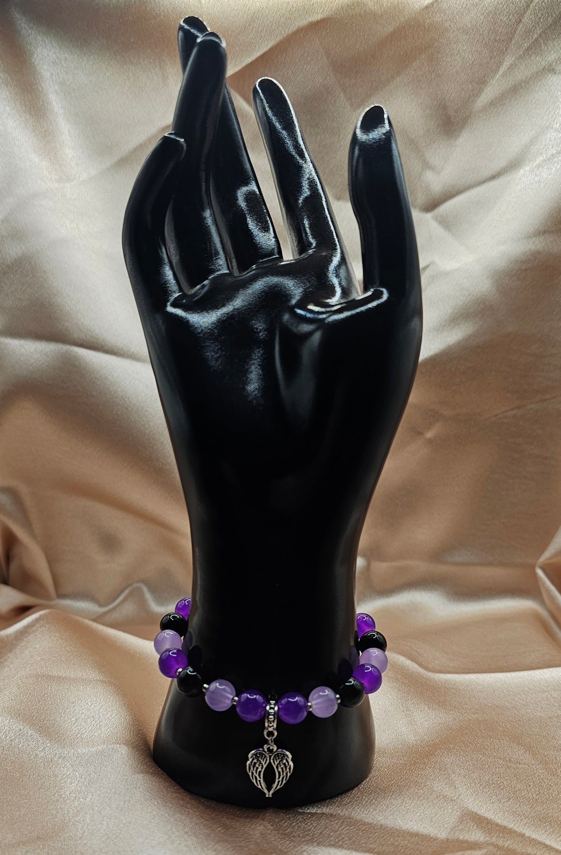 Purple & Black Beaded Bracelet | Silver Angel Wing Charm | Handmade Dark Coquette Angelcore Jewellery Australia