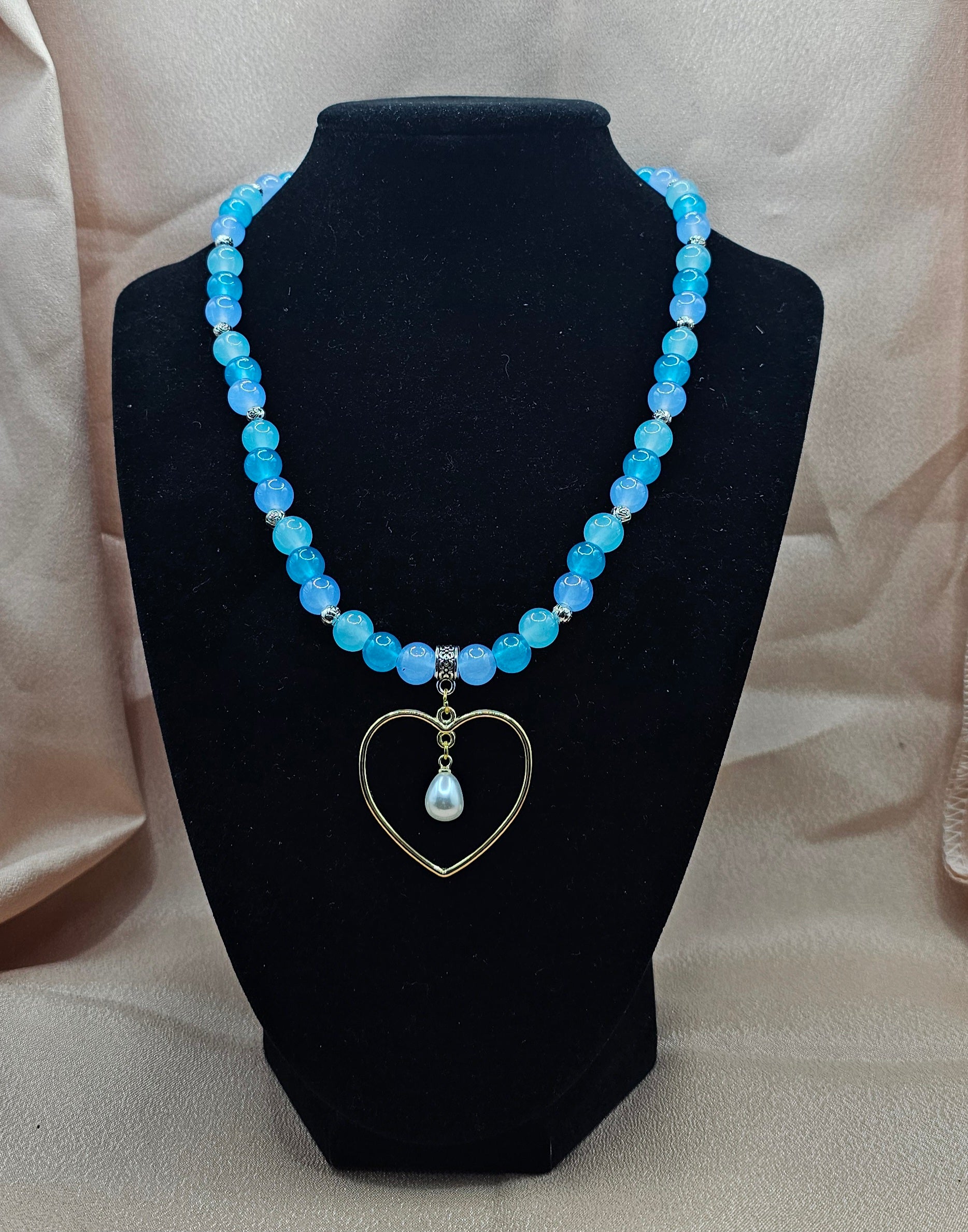 Blue Beaded Necklace | Gold Heart & Pearl Pendant | Handmade Angelcore Jewellery