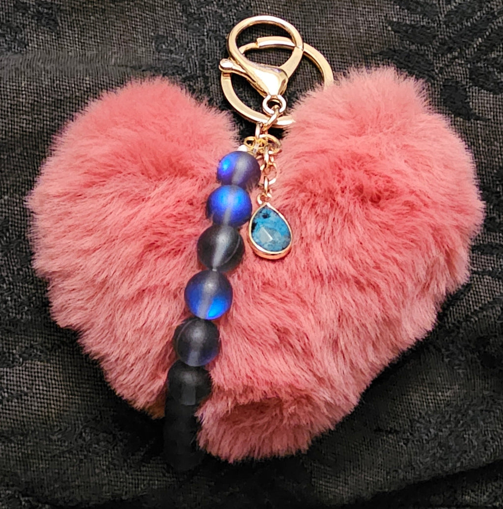 Pink Heart Pom Pom Keychain | Blue Moonstone Beads & Teal Crystal Teardrop | Handmade Fairycore