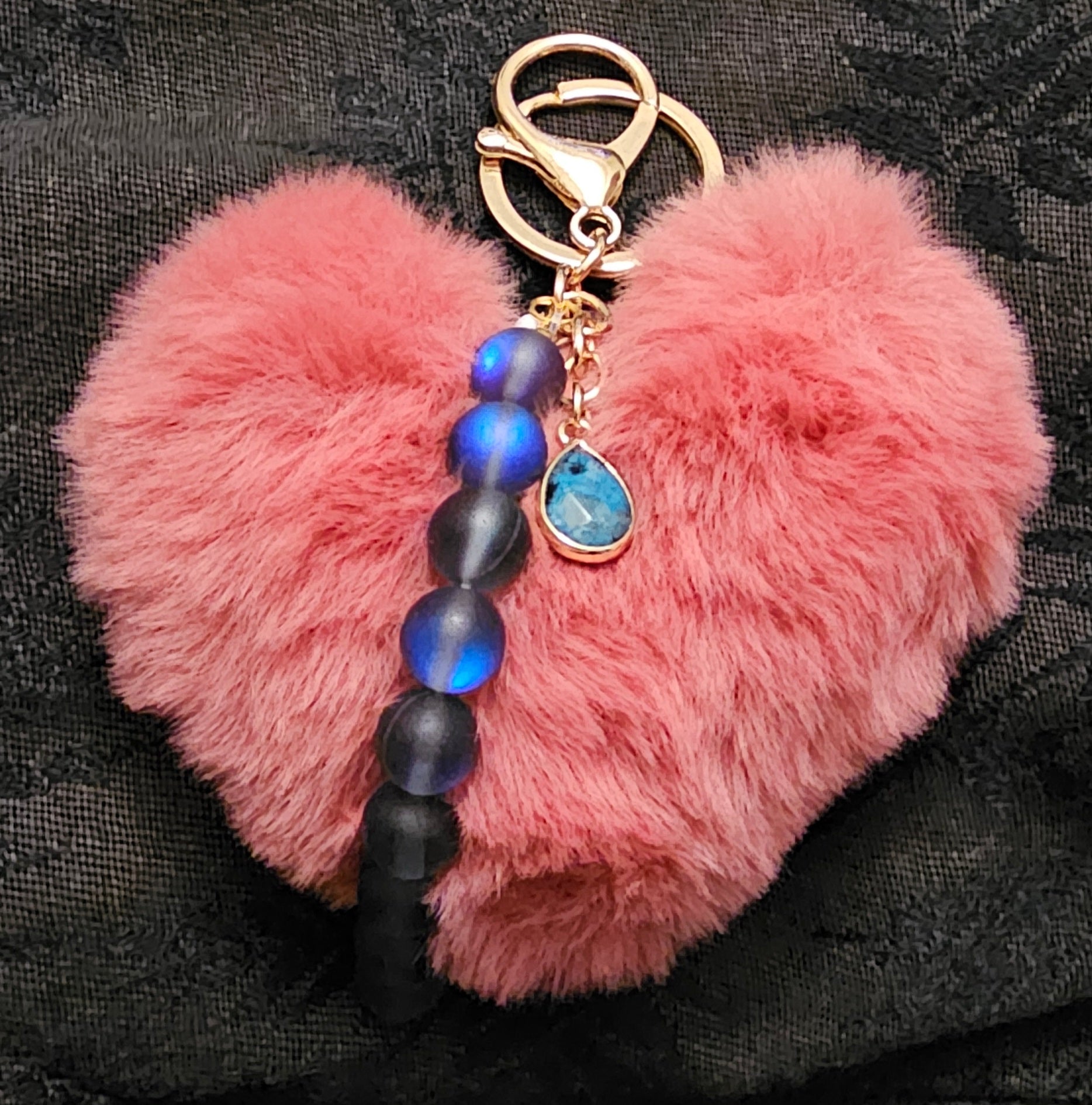Pink Heart Pom Pom Keychain | Blue Moonstone Beads & Teal Crystal Teardrop | Handmade Fairycore