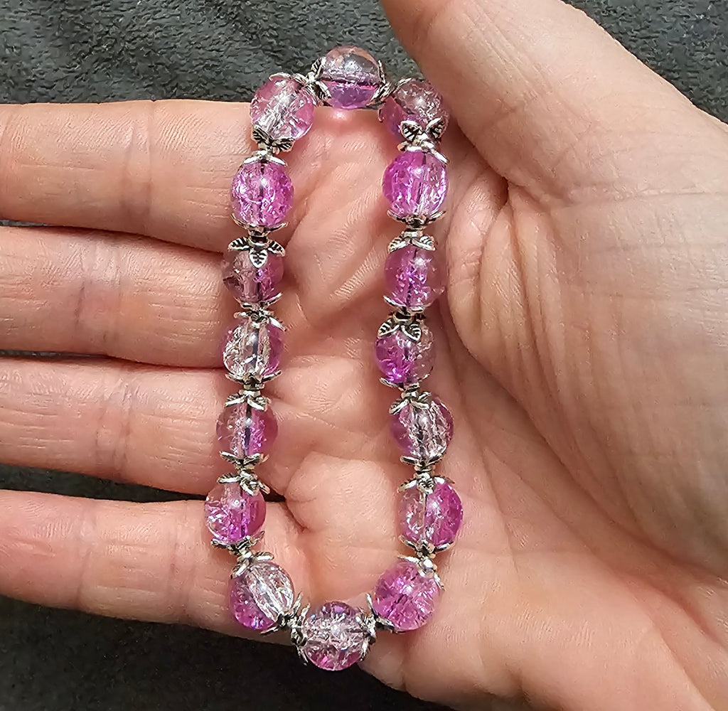 Pink Crackle Glass Beaded Bracelet | Silver Floral Caps | Handmade Fairycore Jewellery Australia