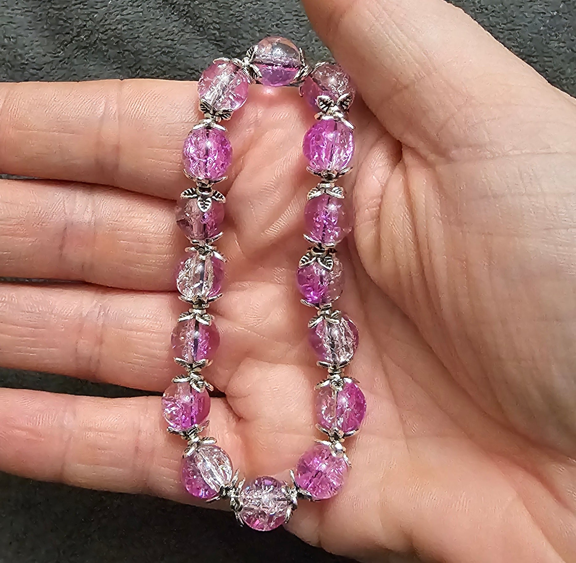 Pink Crackle Glass Beaded Bracelet | Silver Floral Caps | Handmade Fairycore Jewellery Australia