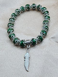 Green Marbled Beaded Bracelet | Silver Feather Charm & Filigree | Handmade Green Witch Jewellery Australia