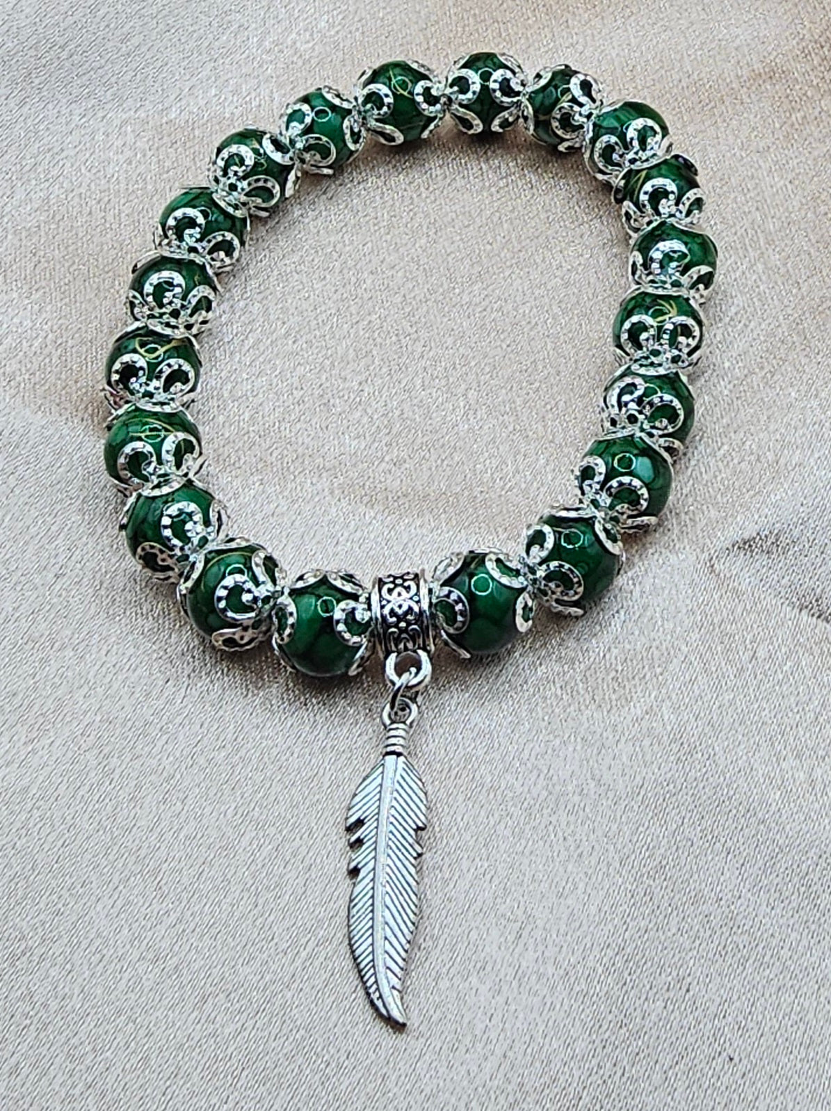 Green Marbled Beaded Bracelet | Silver Feather Charm & Filigree | Handmade Green Witch Jewellery Australia