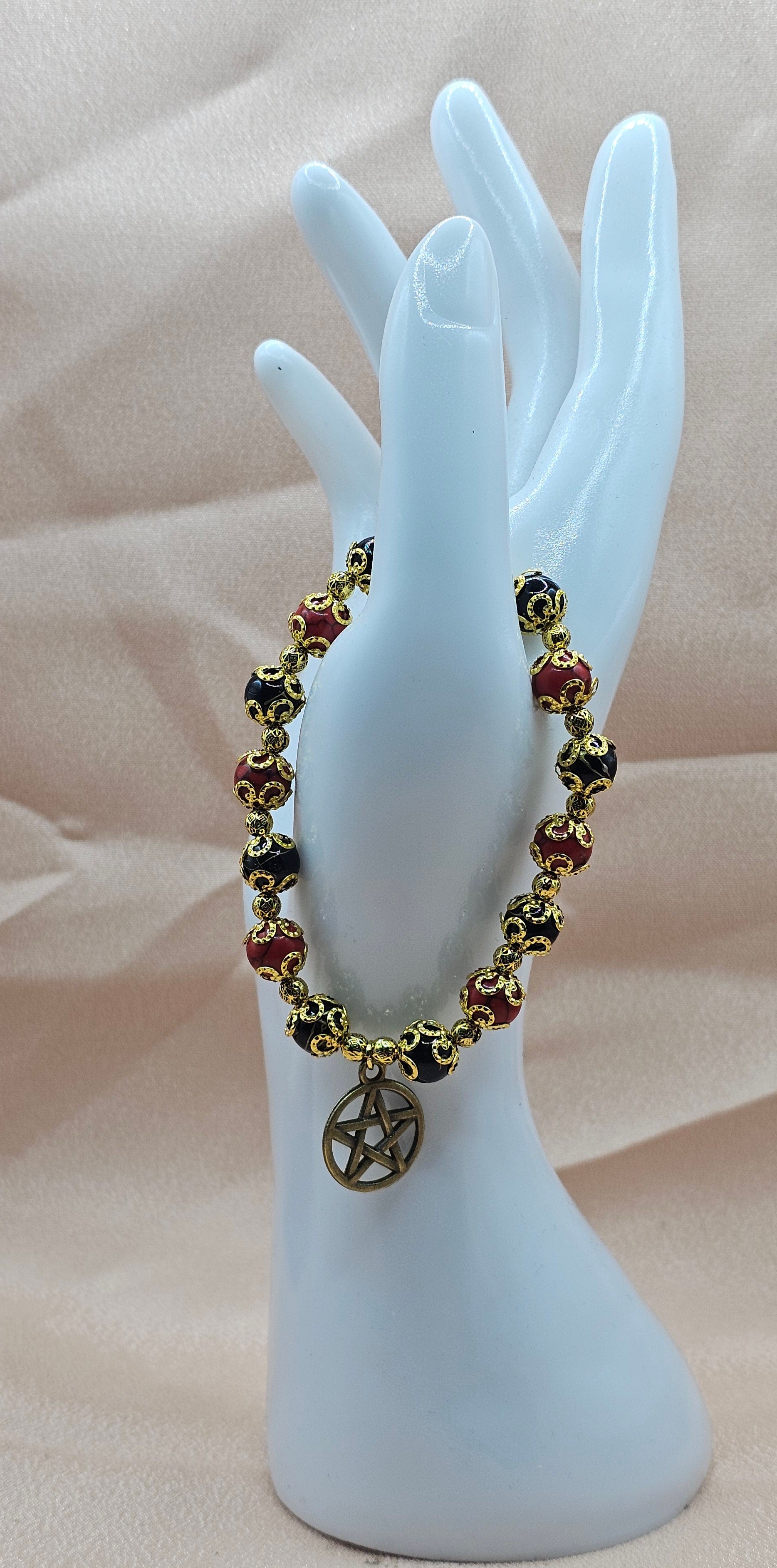 Red & Black Beaded Bracelet | Bronze Pentagram Charm | Handmade Witchy Gothic Jewellery Australia