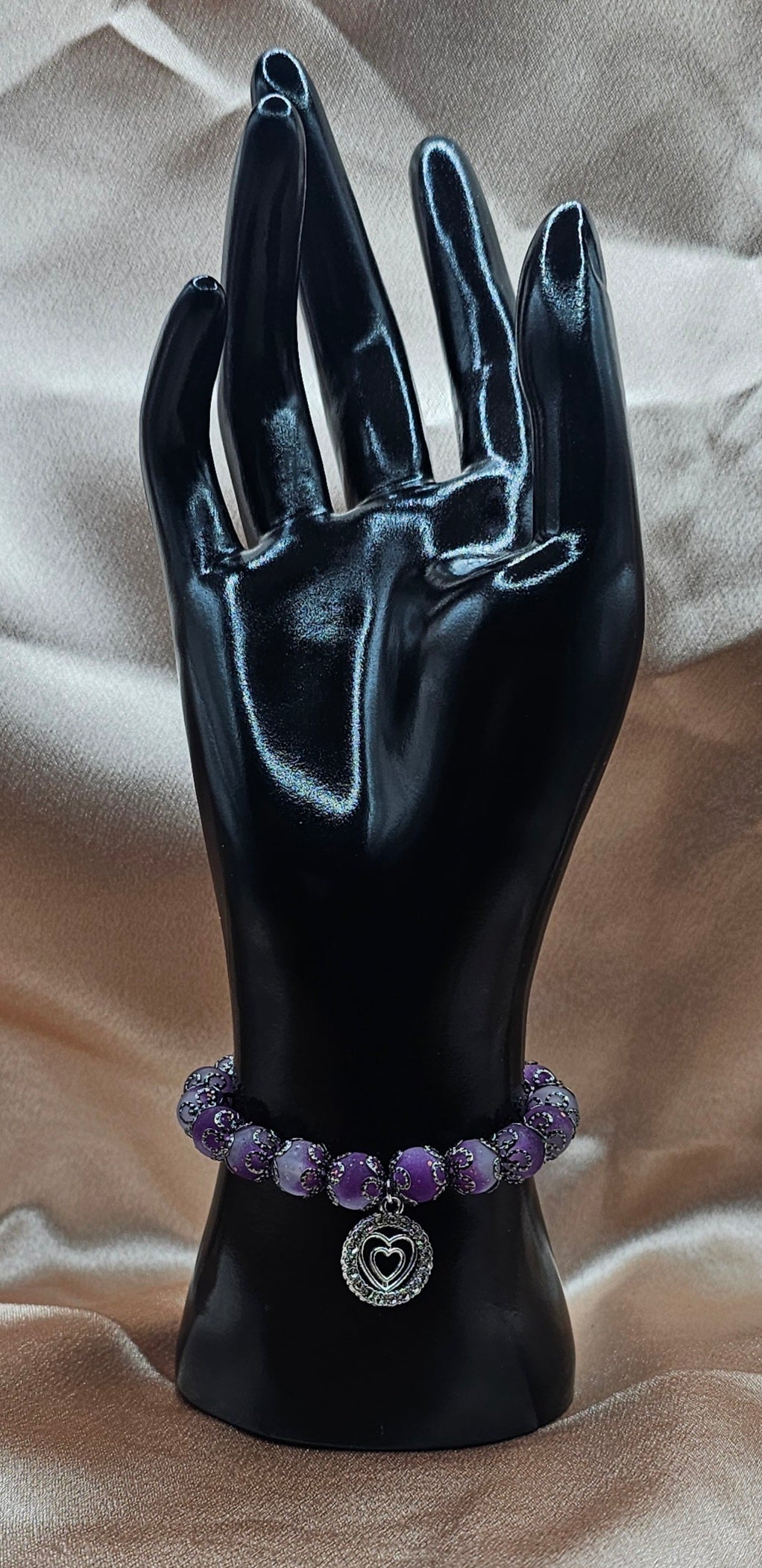 Purple Crackle Bead Bracelet | Double Heart Rhinestone Charm & Black Filigree | Handmade Soft Goth Jewellery Australia