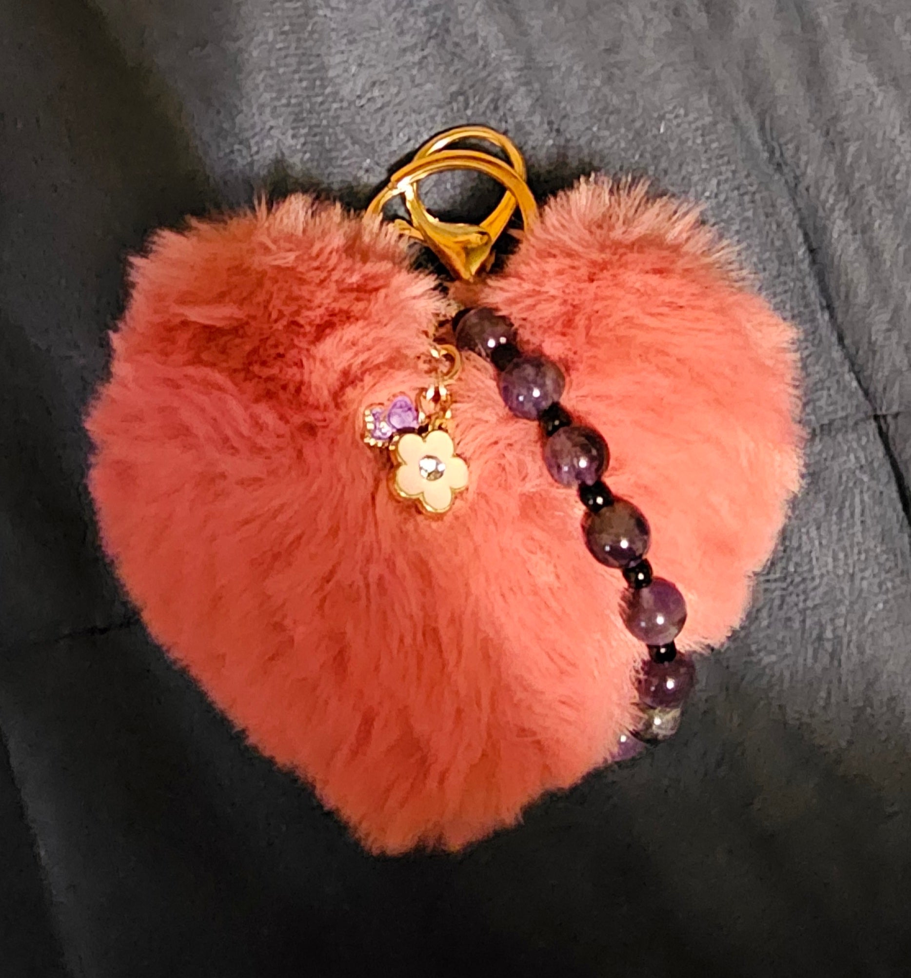 Coral Heart Pom Pom Keychain | Amethyst Beads, Daisy & Butterfly Charm | Handmade Coquette Cottagecore