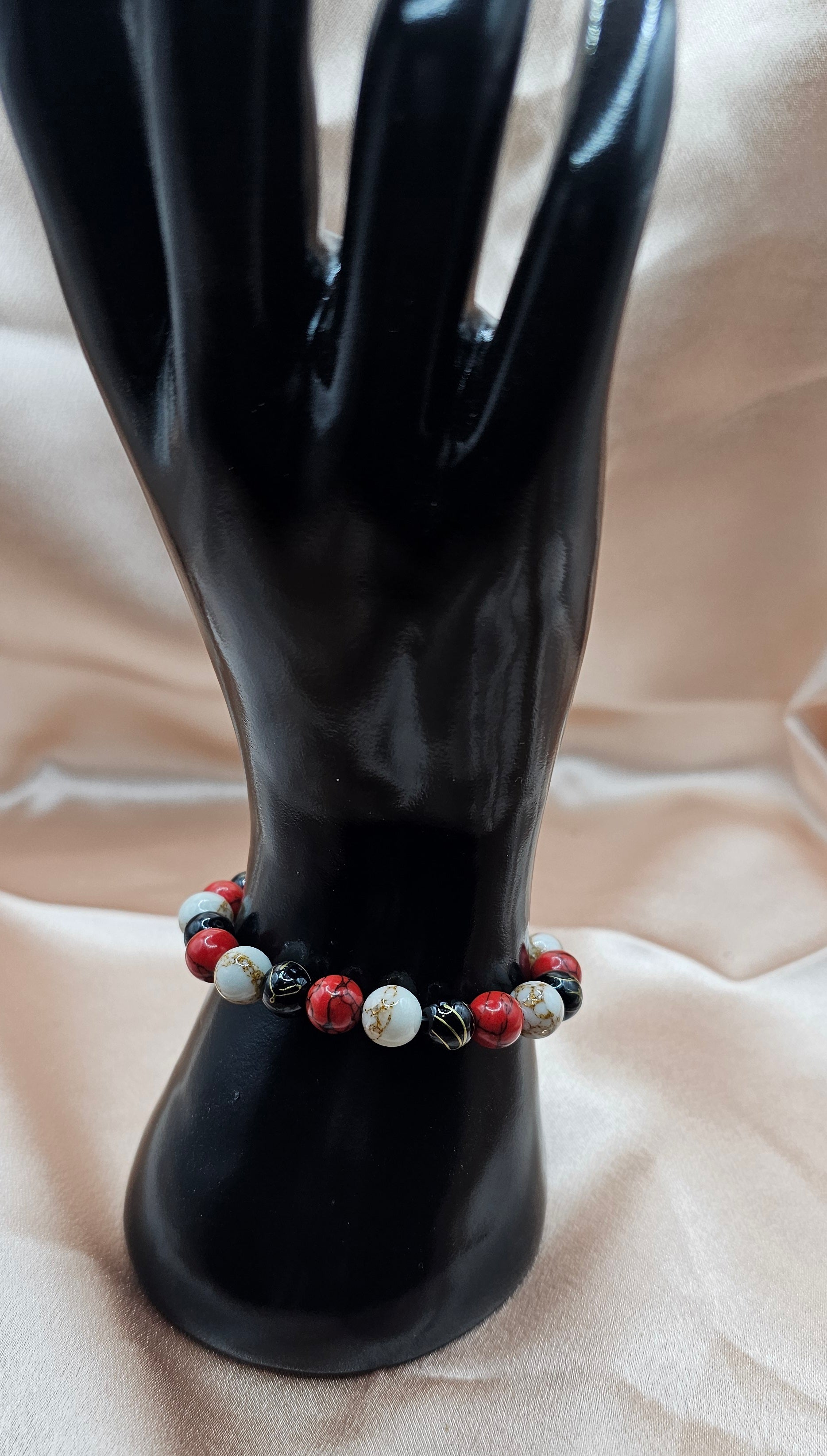 Red Black & White Marble Beaded Bracelet | Antique Bronze Infinity Heart Charm | Handmade Dark Romance Jewellery Australia