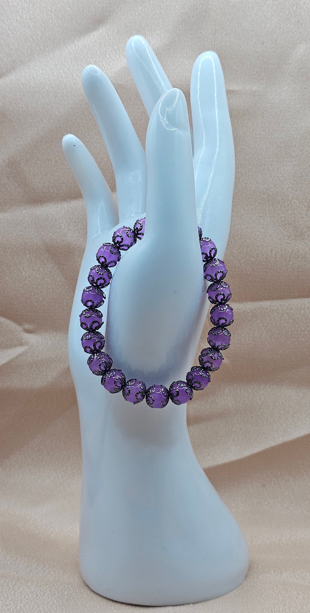Handmade lavender purple glass beaded bracelet with black filigree spacers, elegant coquette jewellery Australia