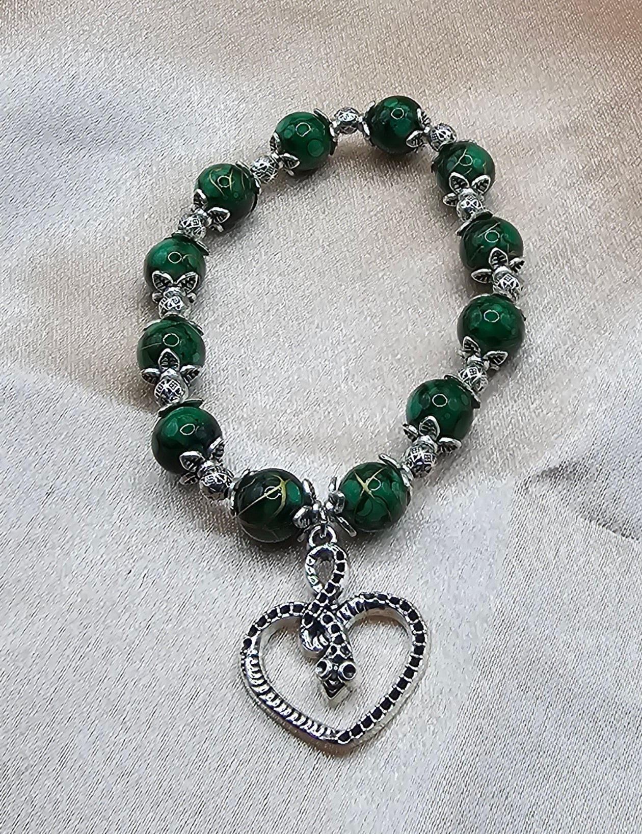 Green Malachite Bracelet | Serpent Heart Charm & Silver Filigree | Handmade Dark Feminine Jewellery Australia