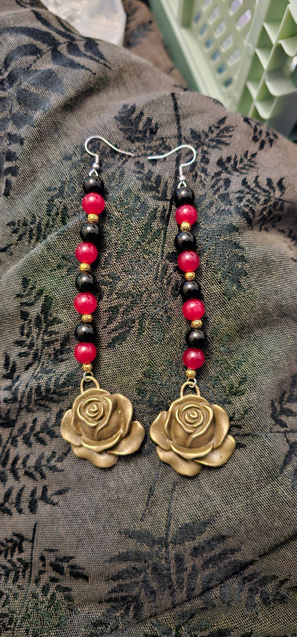 Handmade red and black gothic rose earrings with antique gold dangle, dark romantic jewellery Australia